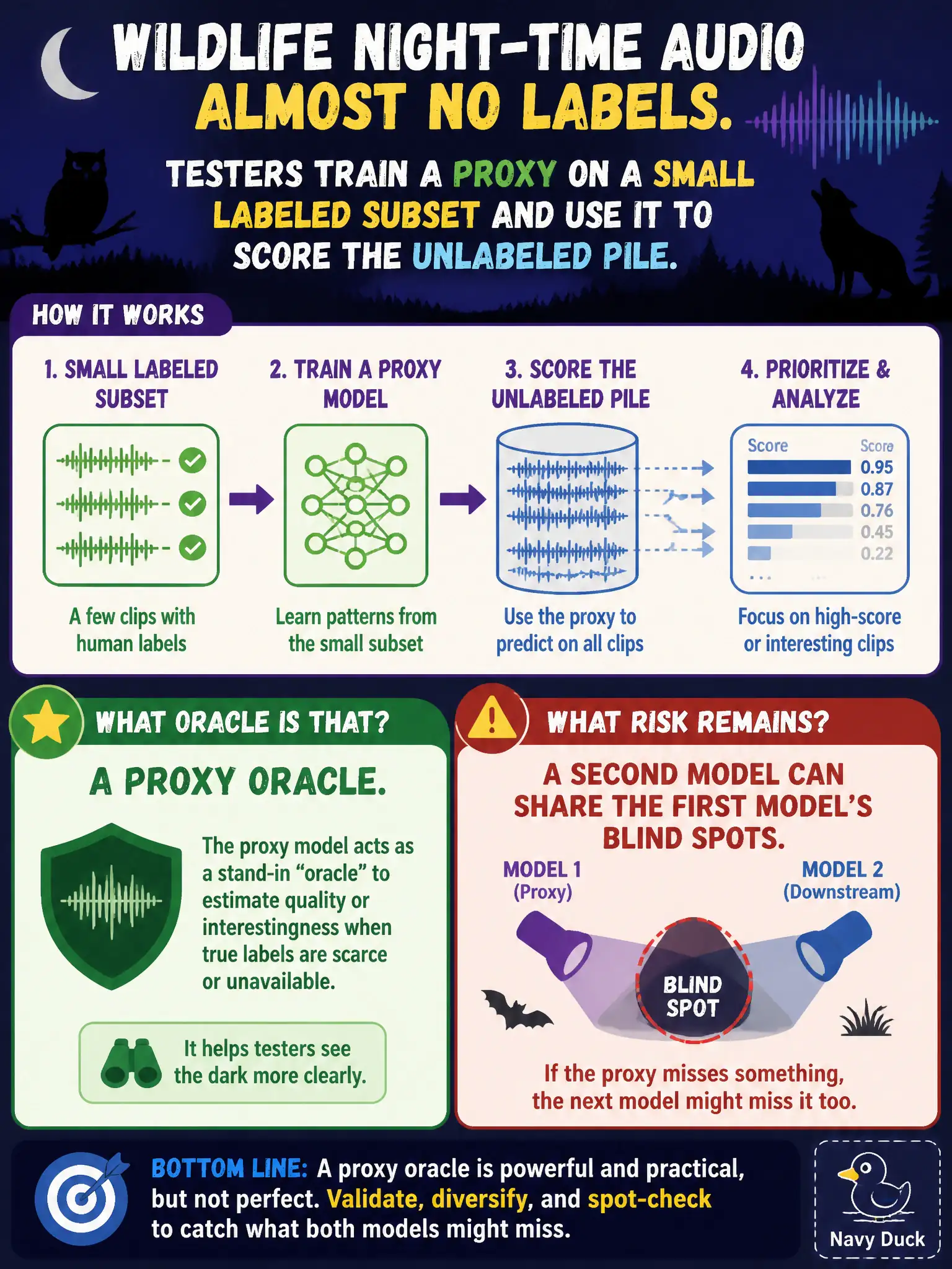 To Create an exciting colorful infographic that explains the concepts in the question: Question: Wildlife night-time audio has almost no labels. Testers train a proxy on a small labeled subset and use it to score the unlabeled pile. What oracle is that, and what risk remains? Correct Answer: A proxy oracle. A second model can share the first model’s blind spots. Put EVERY visible label in double quotes. No people. No A/B/C/D letters. In one of the four corners put a little "Navy Duck".
