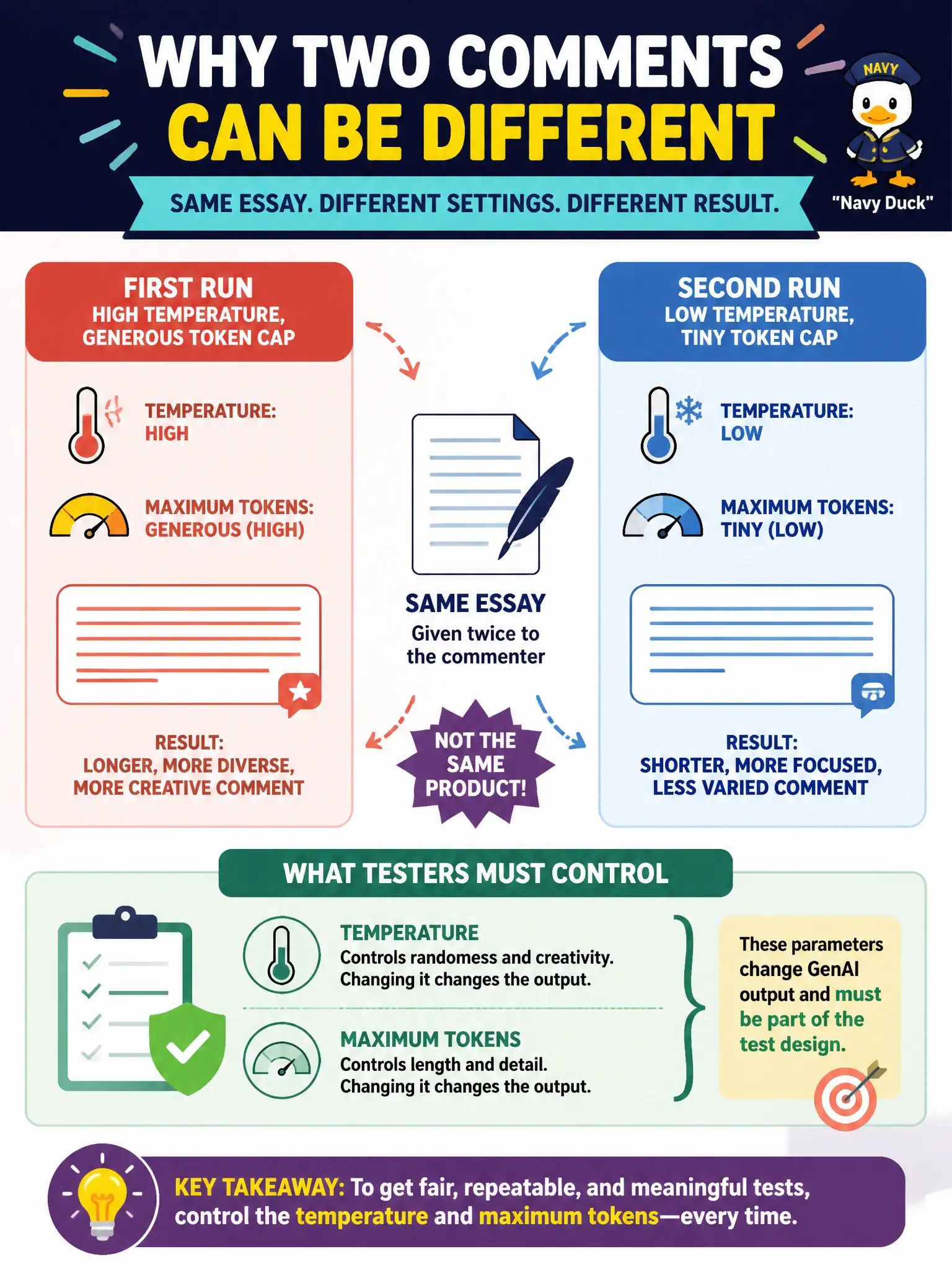 To Create an exciting colorful infographic that explains the concepts in the question: Question: A community-college placement-essay commenter is given the same essay twice: once with a high temperature and a generous token cap, once with a low temperature and a tiny cap. The two comments are not the same product. What must testers control? Correct Answer: Temperature and maximum tokens. Those parameters change GenAI output and must be part of the test design. Put EVERY visible label in double quotes. No people. No A/B/C/D letters. In one of the four corners put a little "Navy Duck".