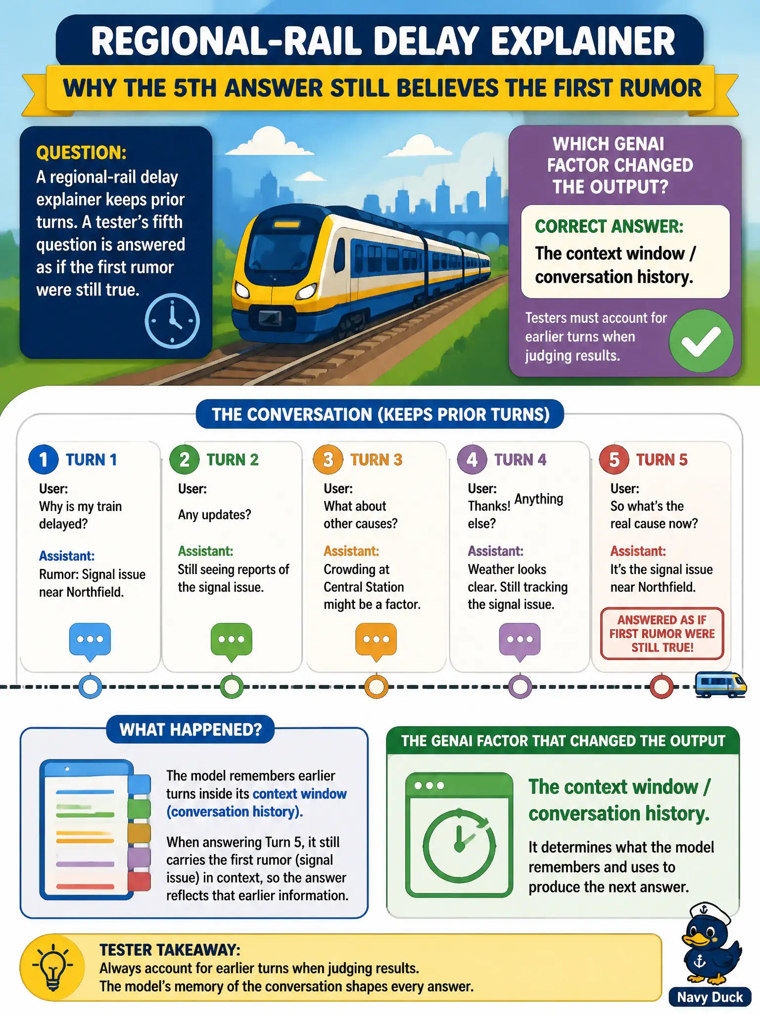 To Create an exciting colorful infographic that explains the concepts in the question: Question: A regional-rail delay explainer keeps prior turns. A tester’s fifth question is answered as if the first rumor were still true. Which GenAI factor changed the output? Correct Answer: The context window / conversation history. Testers must account for earlier turns when judging results. Put EVERY visible label in double quotes. No people. No A/B/C/D letters. In one of the four corners put a little "Navy Duck".