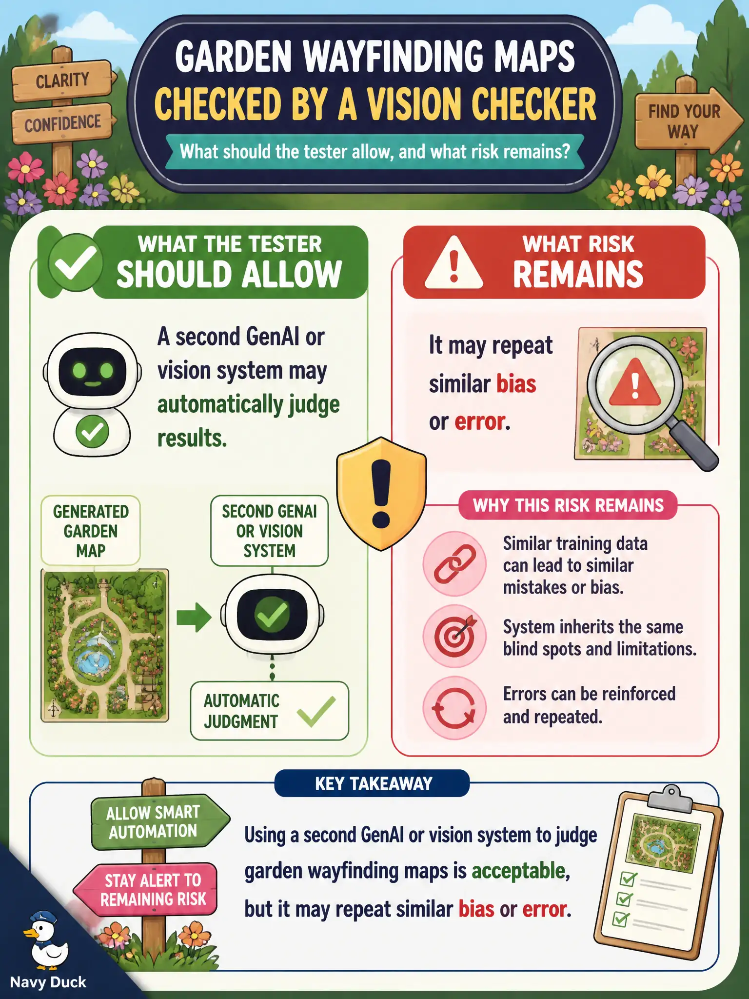 To Create an exciting colorful infographic that explains the concepts in the question: Question: Generated garden wayfinding maps are scored by a vision checker. What should the tester allow, and what risk remains? Correct Answer: A second GenAI or vision system may automatically judge results, and it may repeat similar bias or error. Put EVERY visible label in double quotes. No people. No A/B/C/D letters. In one of the four corners put a little "Navy Duck".