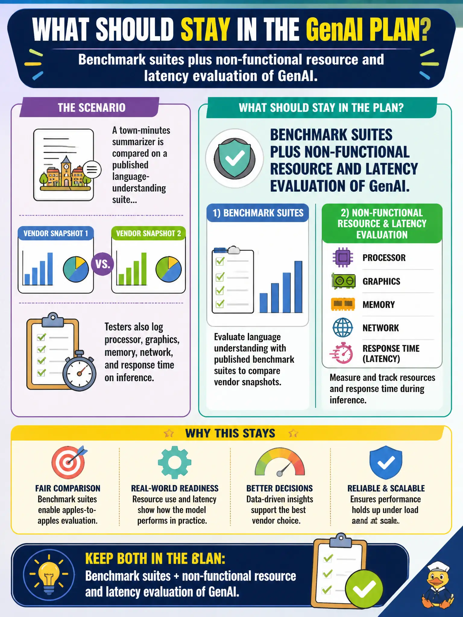 To Create an exciting colorful infographic that explains the concepts in the question: Question: A town-minutes summarizer is compared on a published language-understanding suite so two vendor snapshots can be lined up. Testers also log processor, graphics, memory, network, and response time on inference. What should stay in the GenAI plan? Correct Answer: Benchmark suites plus non-functional resource and latency evaluation of GenAI. Put EVERY visible label in double quotes. No people. No A/B/C/D letters. In one of the four corners put a little "Navy Duck".