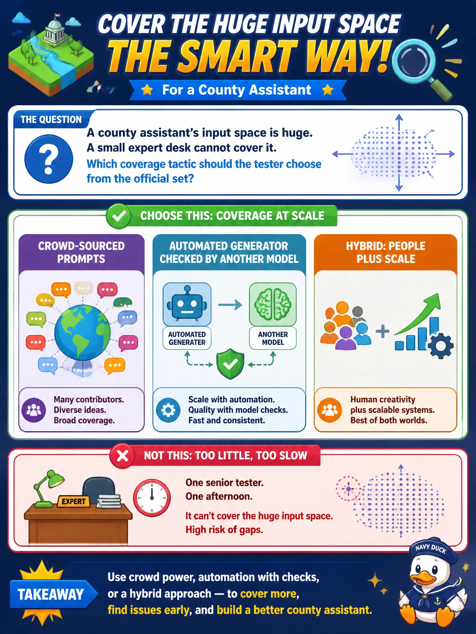 To Create an exciting colorful infographic that explains the concepts in the question: Question: A county assistant’s input space is huge. A small expert desk cannot cover it. Which coverage tactic should the tester choose from the official set? Correct Answer: Crowd-sourced prompts, an automated generator whose outputs are checked by another model, or a hybrid of people plus scale — not one senior tester for one afternoon. Put EVERY visible label in double quotes. No people. No A/B/C/D letters. In one of the four corners put a little "Navy Duck".