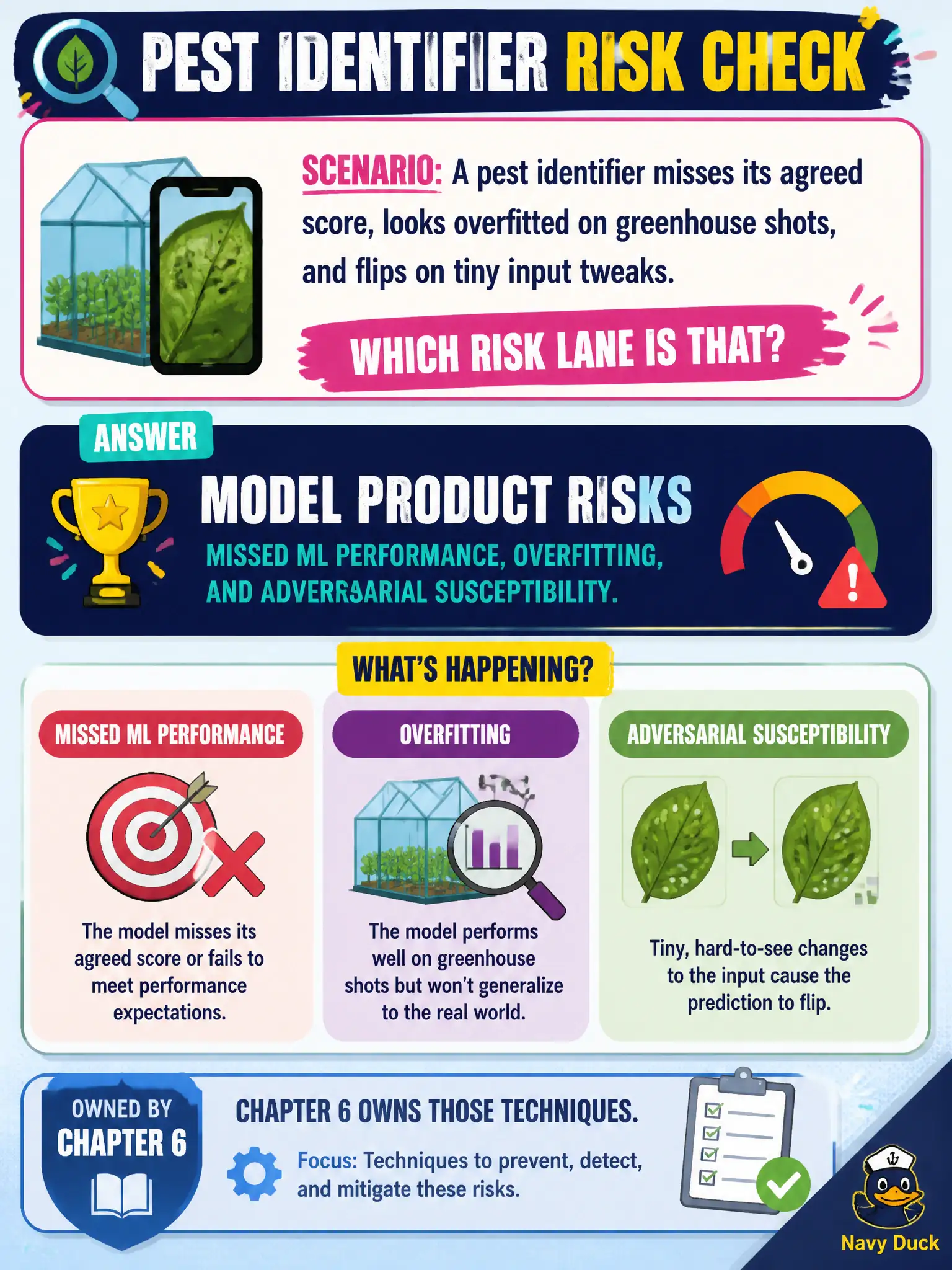 To Create an exciting colorful infographic that explains the concepts in the question: Question: A pest identifier misses its agreed score, looks overfitted on greenhouse shots, and flips on tiny input tweaks. Which risk lane is that? Correct Answer: Model product risks: missed ML performance, overfitting, and adversarial susceptibility. Chapter 6 owns those techniques; name the lane only. Put EVERY visible label in double quotes. No people. No A/B/C/D letters. In one of the four corners put a little "Navy Duck".