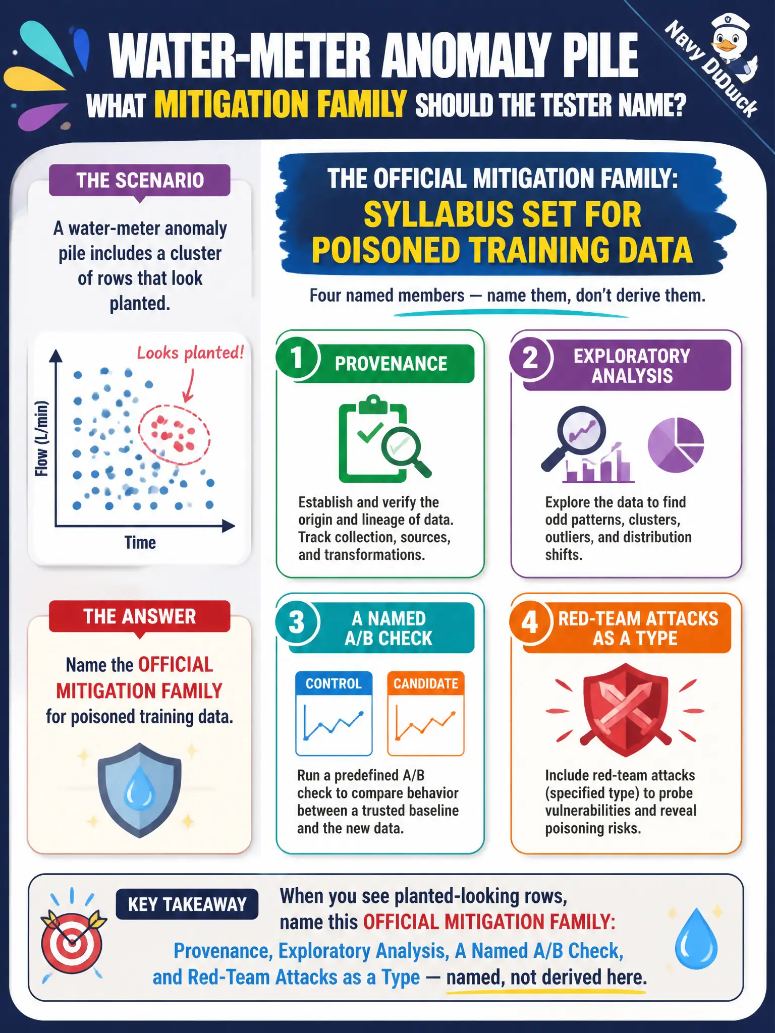 To Create an exciting colorful infographic that explains the concepts in the question: Question: A water-meter anomaly pile includes a cluster of rows that look planted. Which official mitigation family should the tester name without teaching later techniques? Correct Answer: The syllabus set for poisoned training data: provenance, exploratory analysis, a named A/B check, and red-team attacks as a type — named, not derived here. Put EVERY visible label in double quotes. No people. No A/B/C/D letters. In one of the four corners put a little "Navy Duck".