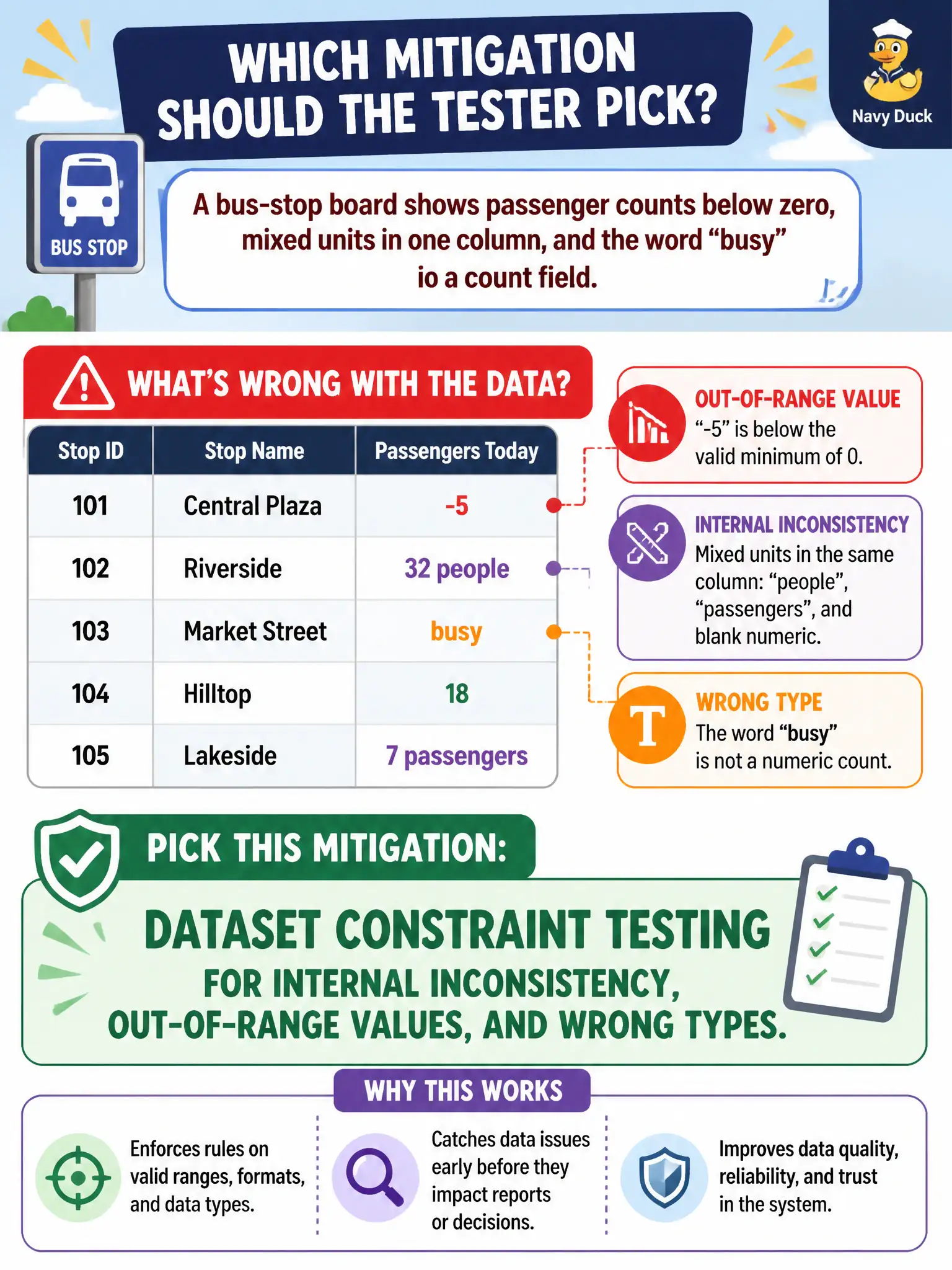To Create an exciting colorful infographic that explains the concepts in the question: Question: A bus-stop board shows passenger counts below zero, mixed units in one column, and the word “busy” in a count field. Which mitigation should the tester pick? Correct Answer: Dataset constraint testing for internal inconsistency, out-of-range values, and wrong types. Put EVERY visible label in double quotes. No people. No A/B/C/D letters. In one of the four corners put a little "Navy Duck".