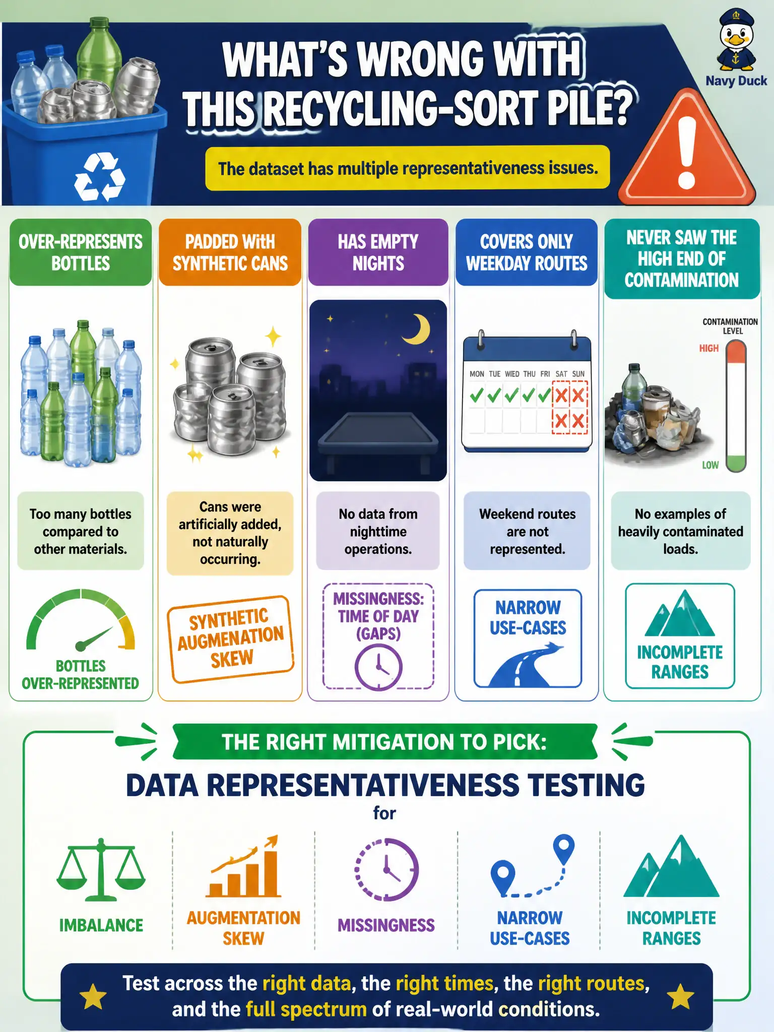 To Create an exciting colorful infographic that explains the concepts in the question: Question: A recycling-sort pile over-represents bottles, was padded with synthetic cans, has empty nights, covers only weekday routes, and never saw the high end of contamination. Which mitigation should the tester pick? Correct Answer: Data representativeness testing for imbalance, augmentation skew, missingness, narrow use-cases, and incomplete ranges. Put EVERY visible label in double quotes. No people. No A/B/C/D letters. In one of the four corners put a little "Navy Duck".