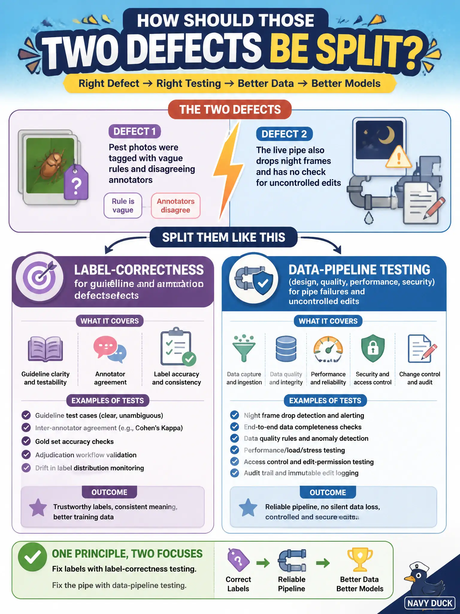 To Create an exciting colorful infographic that explains the concepts in the question: Question: Pest photos were tagged with vague rules and disagreeing annotators; the live pipe also drops night frames and has no check for uncontrolled edits. How should those two defects be split? Correct Answer: Label-correctness testing for guideline and annotation defects; data-pipeline testing (design, quality, performance, security) for pipe failures and uncontrolled edits. Put EVERY visible label in double quotes. No people. No A/B/C/D letters. In one of the four corners put a little "Navy Duck".