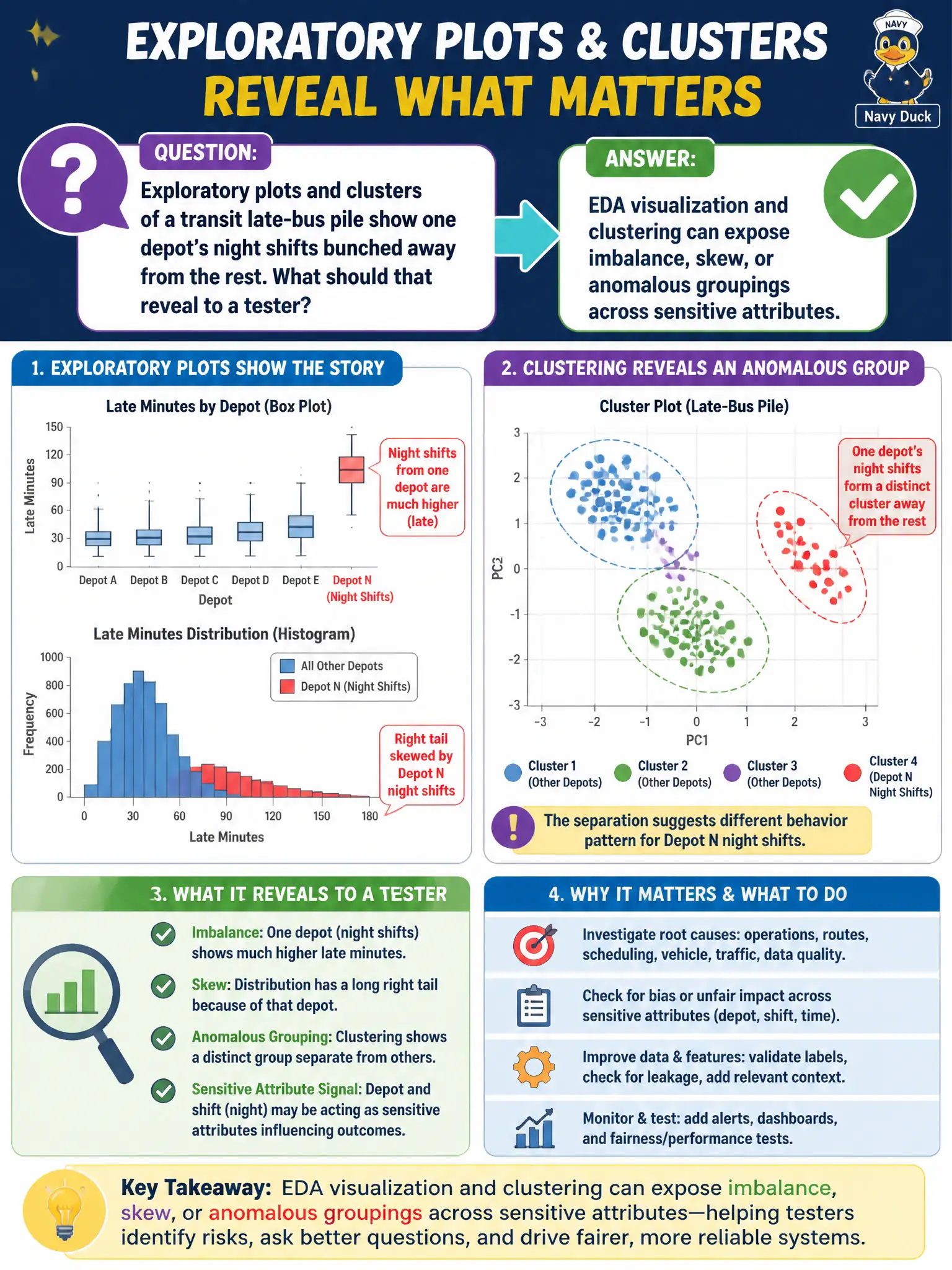 To Create an exciting colorful infographic that explains the concepts in the question: Question: Exploratory plots and clusters of a transit late-bus pile show one depot’s night shifts bunched away from the rest. What should that reveal to a tester? Correct Answer: EDA visualization and clustering can expose imbalance, skew, or anomalous groupings across sensitive attributes. Put EVERY visible label in double quotes. No people. No A/B/C/D letters. In one of the four corners put a little "Navy Duck".