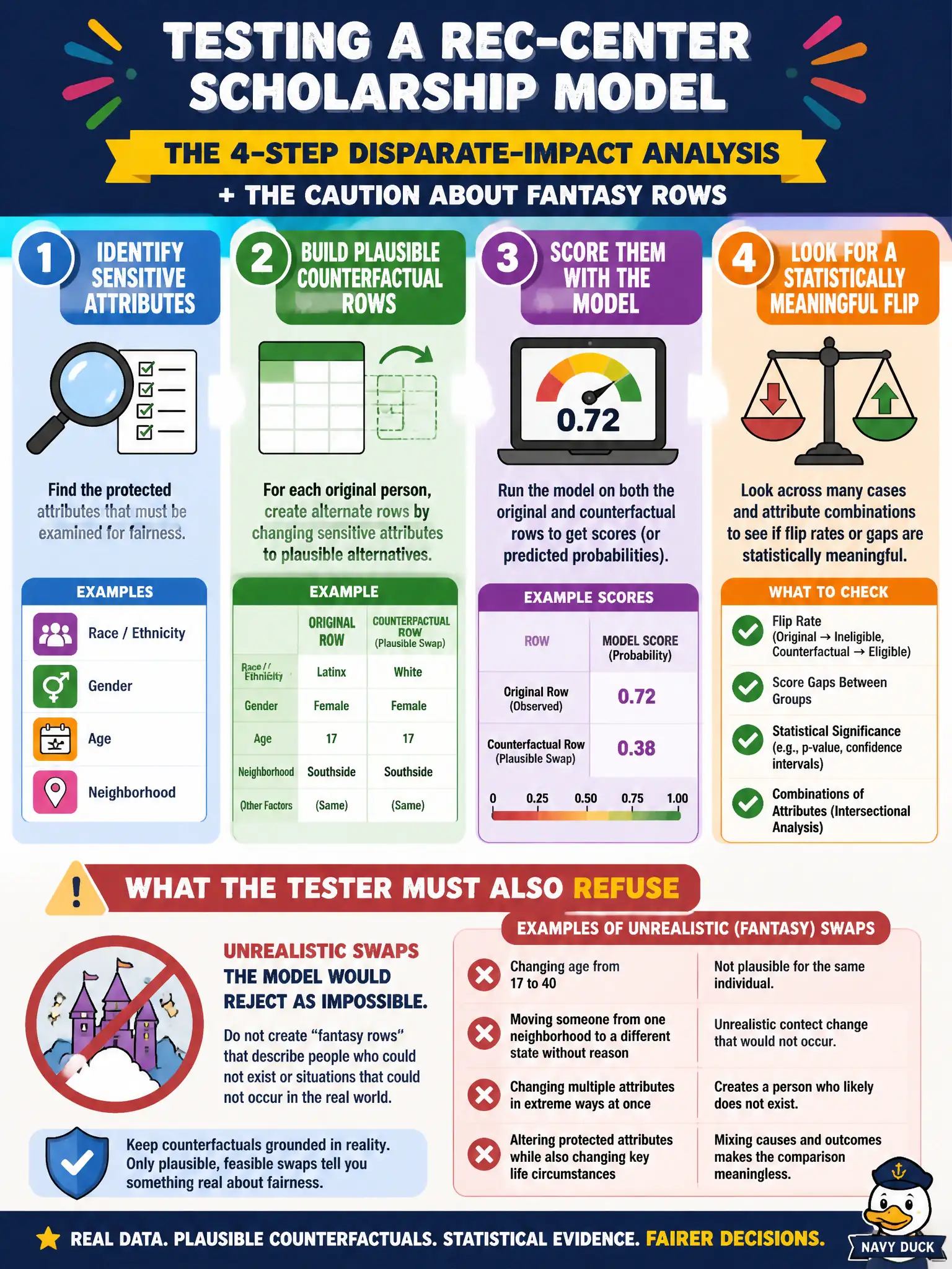 To Create an exciting colorful infographic that explains the concepts in the question: Question: A rec-center scholarship model is checked by identifying sensitive attributes, building plausible counterfactual rows, scoring them, and looking for a statistically meaningful flip — including combinations of attributes. What must the tester also refuse? Correct Answer: Unrealistic swaps the model would reject as impossible. That is the four-step disparate-impact analysis plus the caution about fantasy rows — not a lending-desk scene. Put EVERY visible label in double quotes. No people. No A/B/C/D letters. In one of the four corners put a little "Navy Duck".