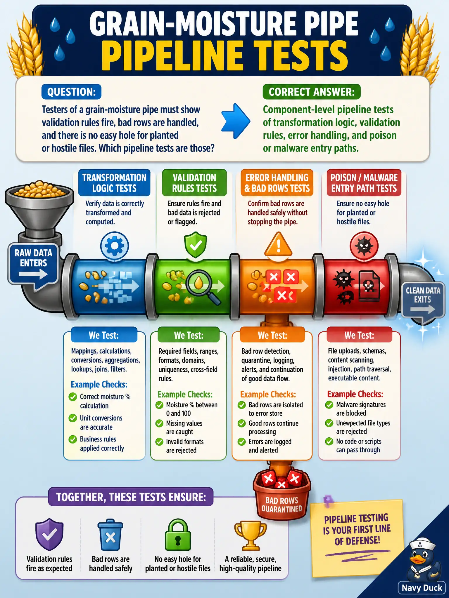To Create an exciting colorful infographic that explains the concepts in the question: Question: Testers of a grain-moisture pipe must show validation rules fire, bad rows are handled, and there is no easy hole for planted or hostile files. Which pipeline tests are those? Correct Answer: Component-level pipeline tests of transformation logic, validation rules, error handling, and poison or malware entry paths. Put EVERY visible label in double quotes. No people. No A/B/C/D letters. In one of the four corners put a little "Navy Duck".