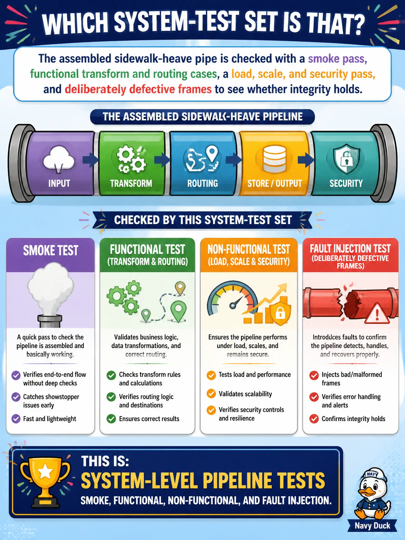 To Create an exciting colorful infographic that explains the concepts in the question: Question: The assembled sidewalk-heave pipe is checked with a smoke pass, functional transform and routing cases, a load, scale, and security pass, and deliberately defective frames to see whether integrity holds. Which system-test set is that? Correct Answer: System-level pipeline tests: smoke, functional, non-functional, and fault injection. Put EVERY visible label in double quotes. No people. No A/B/C/D letters. In one of the four corners put a little "Navy Duck".