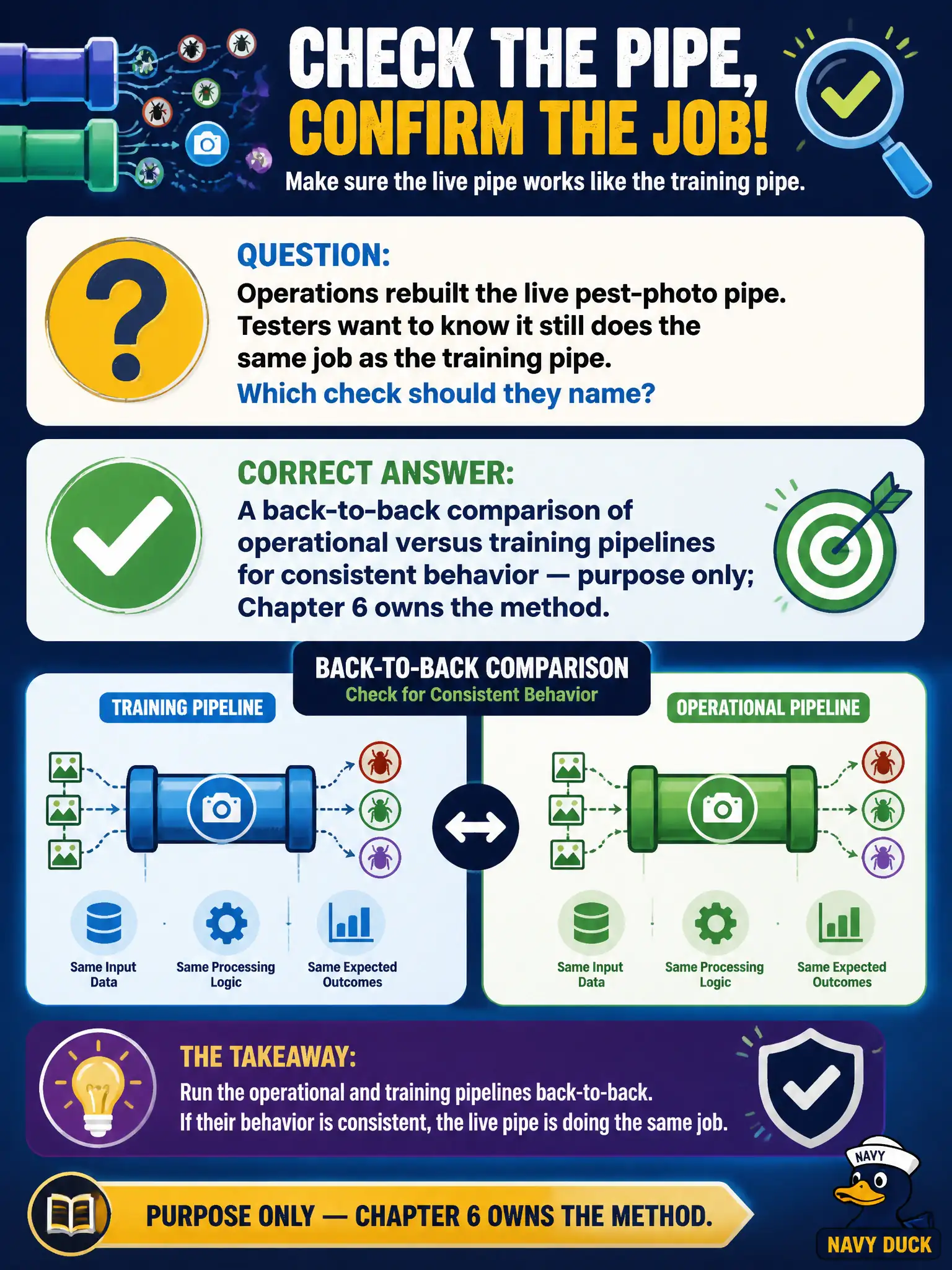 To Create an exciting colorful infographic that explains the concepts in the question: Question: Operations rebuilt the live pest-photo pipe. Testers want to know it still does the same job as the training pipe. Which check should they name? Correct Answer: A back-to-back comparison of operational versus training pipelines for consistent behavior — purpose only; Chapter 6 owns the method. Put EVERY visible label in double quotes. No people. No A/B/C/D letters. In one of the four corners put a little "Navy Duck".