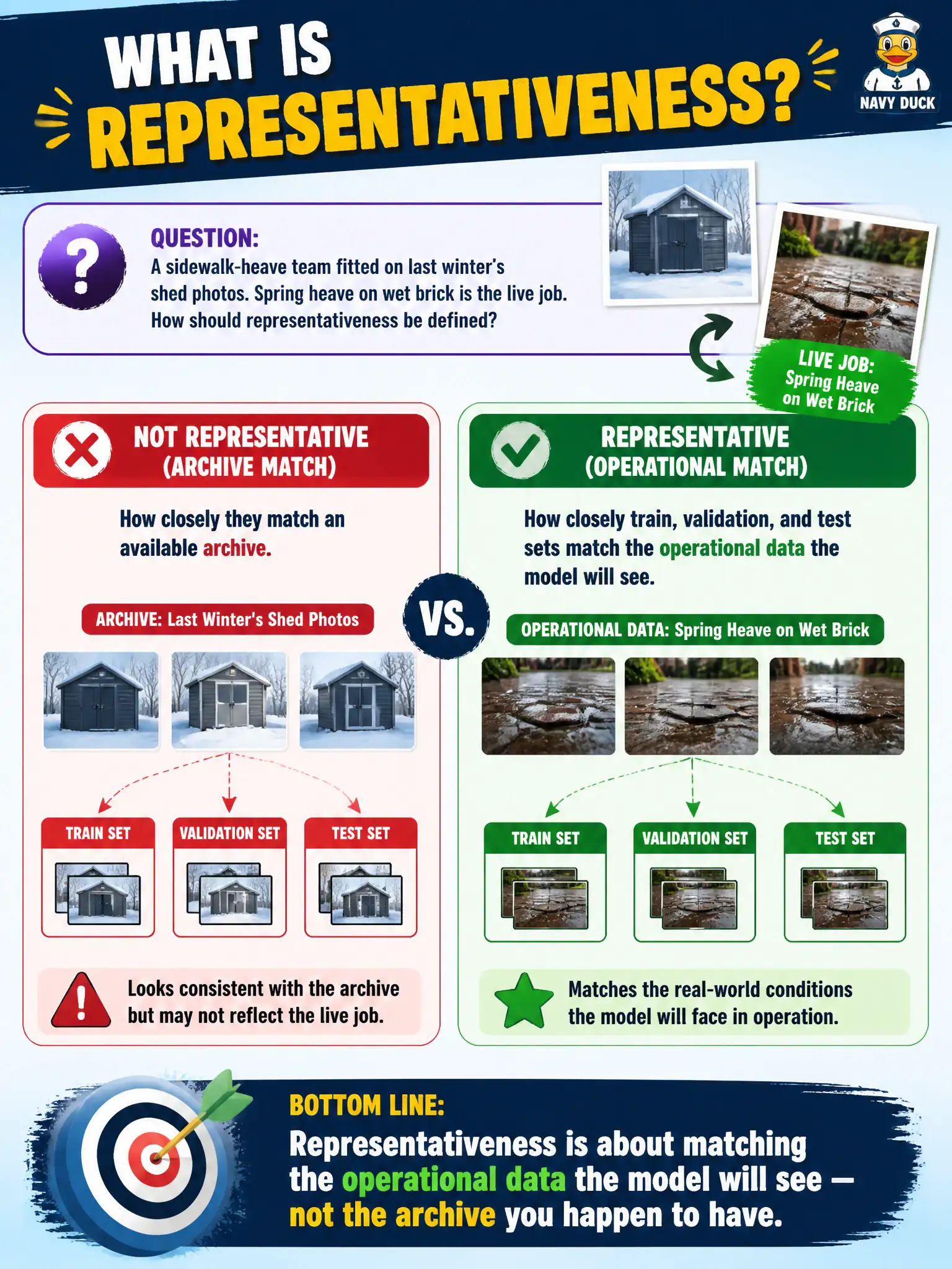 To Create an exciting colorful infographic that explains the concepts in the question: Question: A sidewalk-heave team fitted on last winter’s shed photos. Spring heave on wet brick is the live job. How should representativeness be defined? Correct Answer: How closely train, validation, and test sets match the operational data the model will see — not how closely they match an available archive. Put EVERY visible label in double quotes. No people. No A/B/C/D letters. In one of the four corners put a little "Navy Duck".