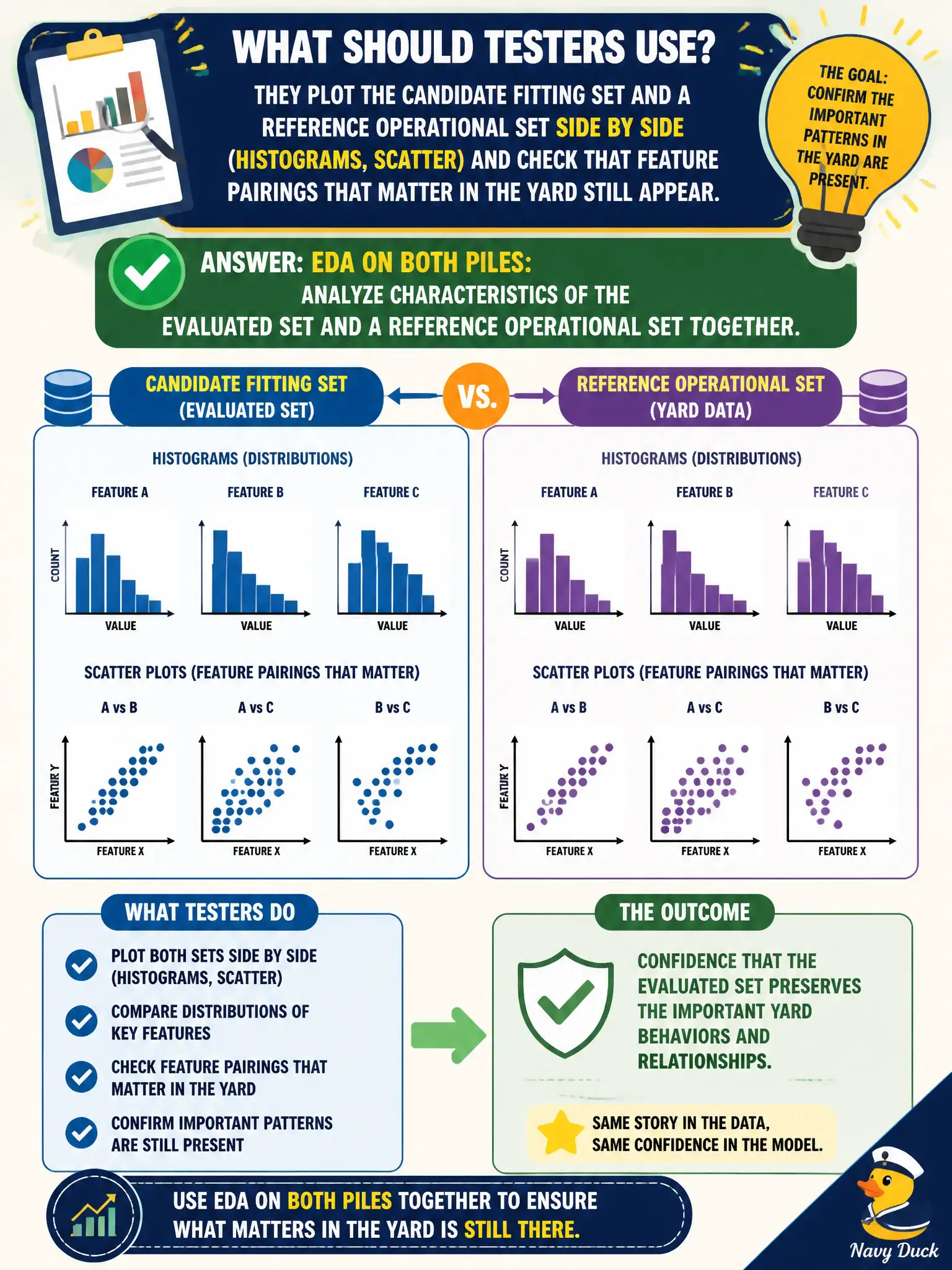 To Create an exciting colorful infographic that explains the concepts in the question: Question: Testers plot the candidate fitting set and a reference operational set side by side (histograms, scatter) and check that feature pairings that matter in the yard still appear. What should they use? Correct Answer: EDA on both piles: analyze characteristics of the evaluated set and a reference operational set together. Put EVERY visible label in double quotes. No people. No A/B/C/D letters. In one of the four corners put a little "Navy Duck".