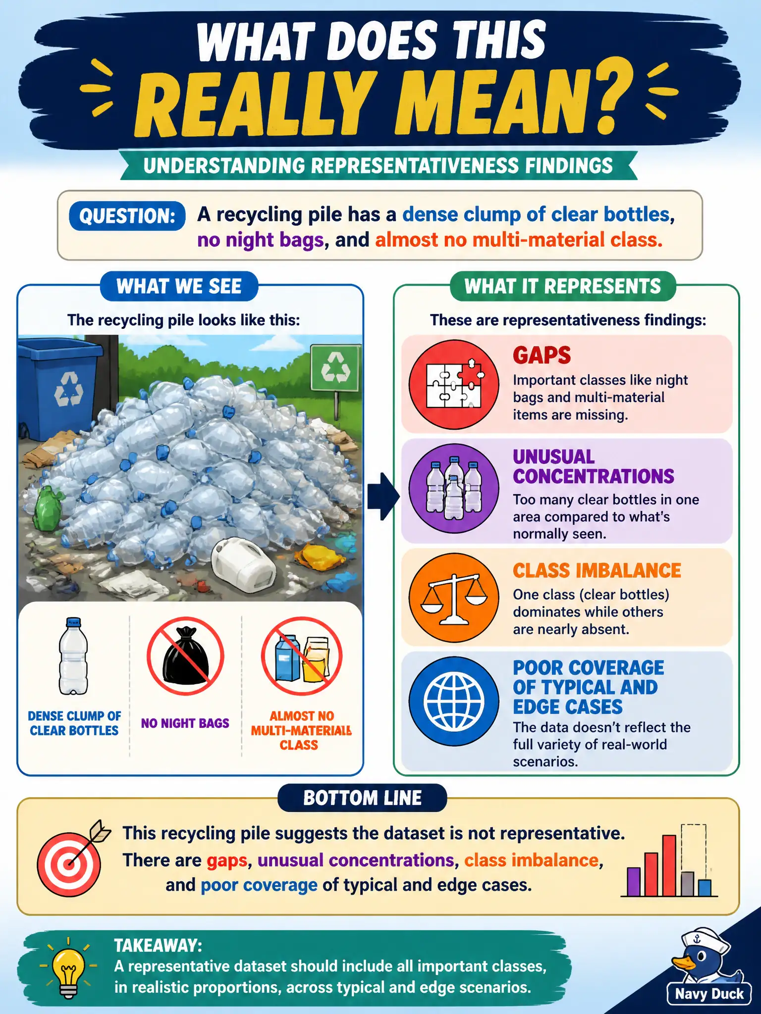 To Create an exciting colorful infographic that explains the concepts in the question: Question: A recycling pile has a dense clump of clear bottles, no night bags, and almost no multi-material class. What representativeness findings are those? Correct Answer: Gaps, unusual concentrations, class imbalance, and poor coverage of typical and edge cases. Put EVERY visible label in double quotes. No people. No A/B/C/D letters. In one of the four corners put a little "Navy Duck".
