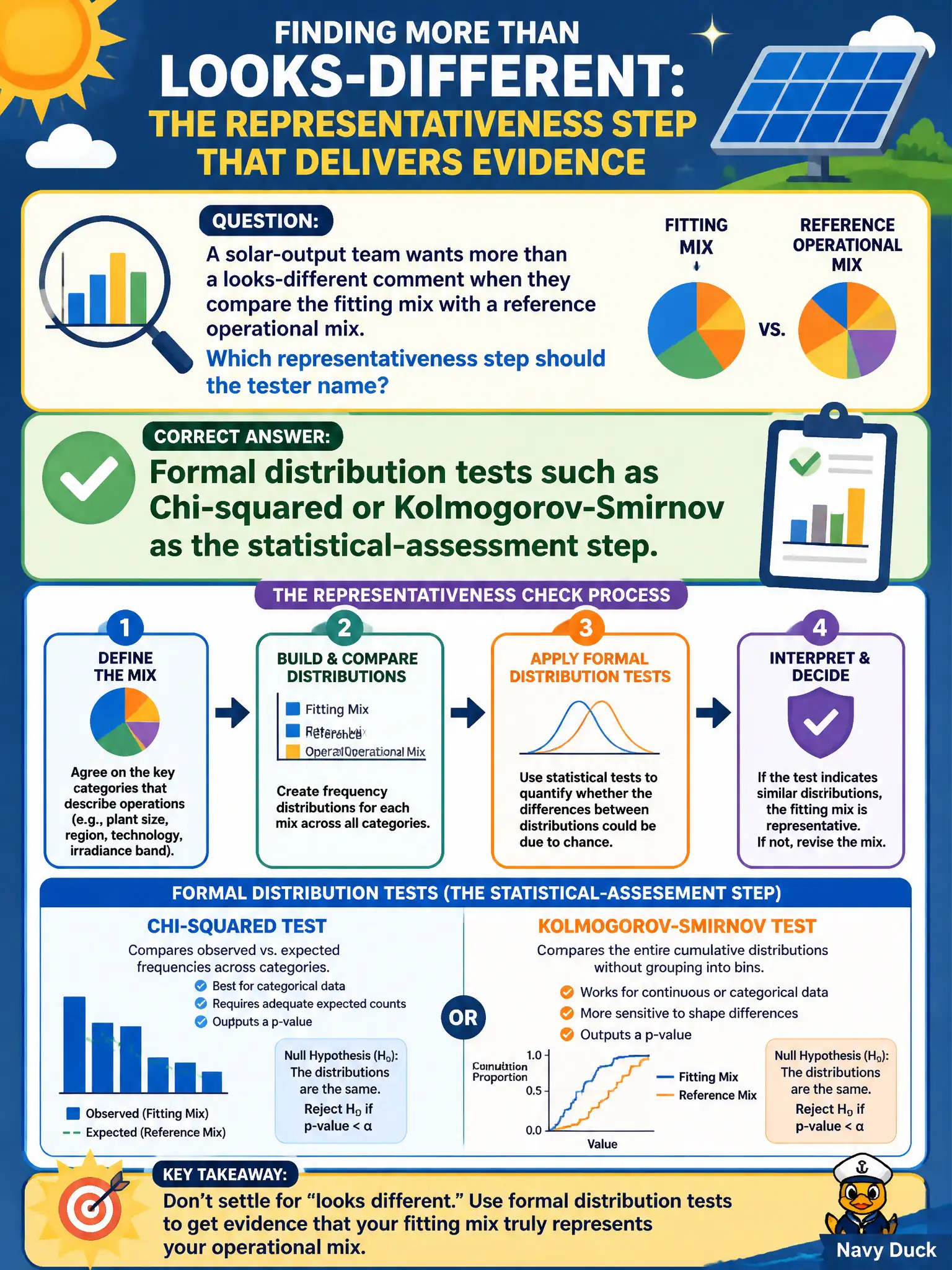 To Create an exciting colorful infographic that explains the concepts in the question: Question: A solar-output team wants more than a looks-different comment when they compare the fitting mix with a reference operational mix. Which representativeness step should the tester name? Correct Answer: Formal distribution tests such as Chi-squared or Kolmogorov-Smirnov as the statistical-assessment step. Put EVERY visible label in double quotes. No people. No A/B/C/D letters. In one of the four corners put a little "Navy Duck".