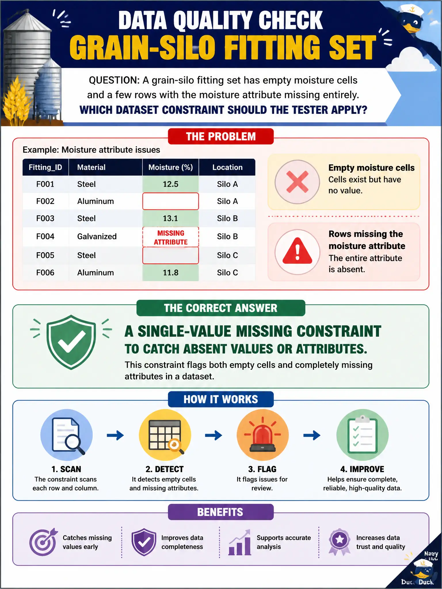 To Create an exciting colorful infographic that explains the concepts in the question: Question: A grain-silo fitting set has empty moisture cells and a few rows with the moisture attribute missing entirely. Which dataset constraint should the tester apply? Correct Answer: A single-value missing constraint to catch absent values or attributes. Put EVERY visible label in double quotes. No people. No A/B/C/D letters. In one of the four corners put a little "Navy Duck".