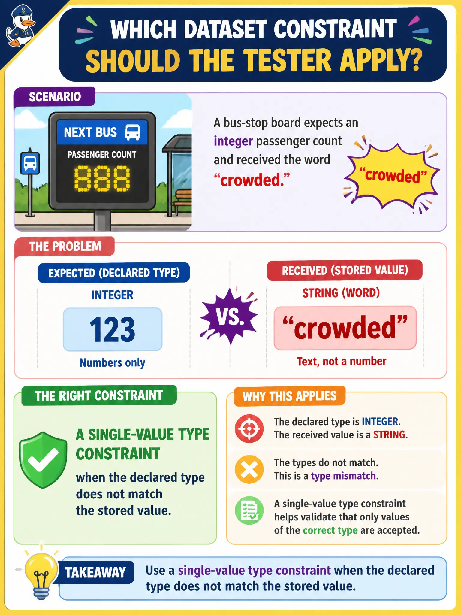 To Create an exciting colorful infographic that explains the concepts in the question: Question: A bus-stop board expects an integer passenger count and received the word “crowded.” Which dataset constraint should the tester apply? Correct Answer: A single-value type constraint when the declared type does not match the stored value. Put EVERY visible label in double quotes. No people. No A/B/C/D letters. In one of the four corners put a little "Navy Duck".
