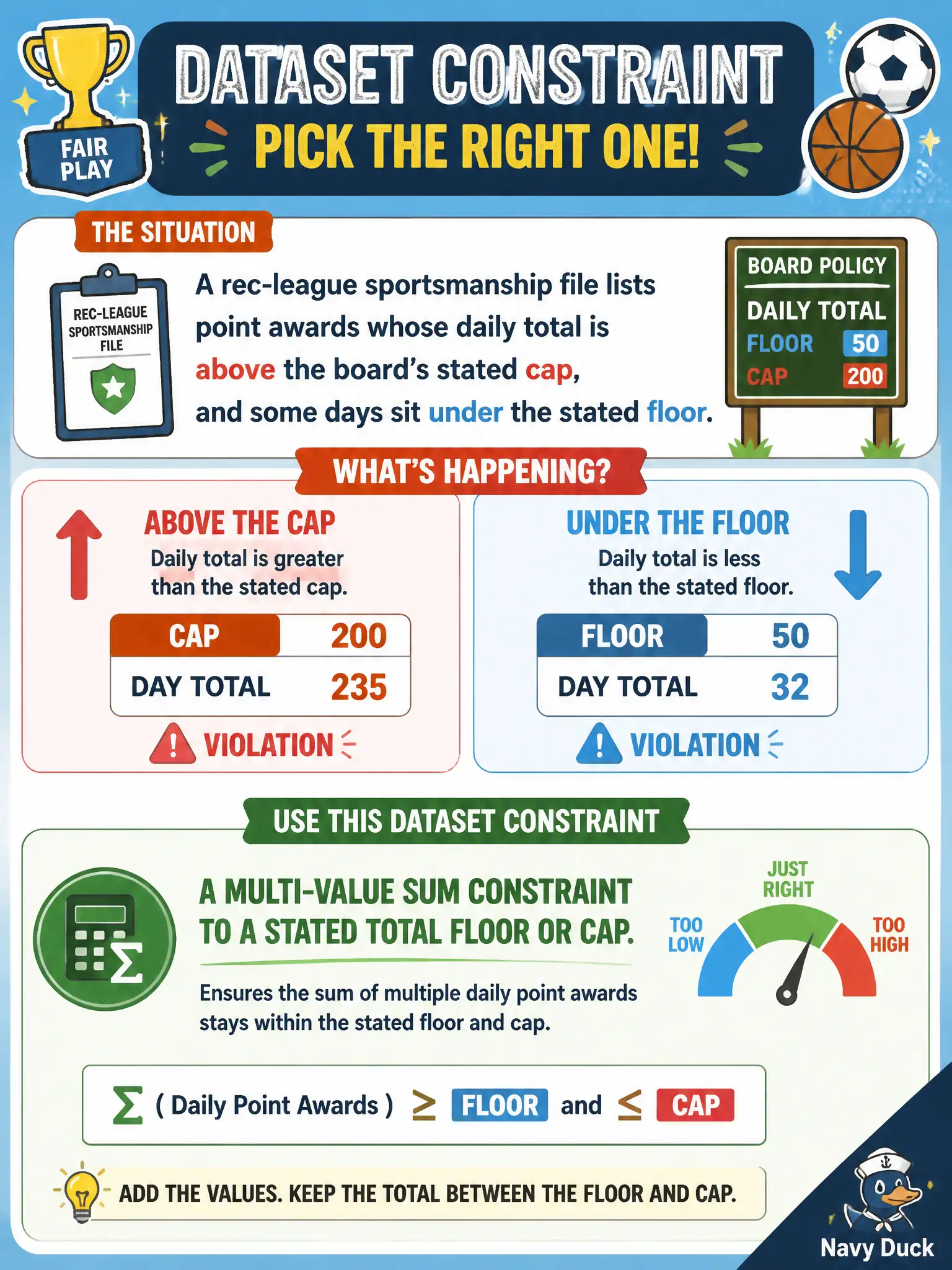 To Create an exciting colorful infographic that explains the concepts in the question: Question: A rec-league sportsmanship file lists point awards whose daily total is above the board’s stated cap, and some days sit under the stated floor. Which dataset constraint should the tester apply? Correct Answer: A multi-value sum constraint to a stated total floor or cap. Do not reuse a motor-sport points table. Put EVERY visible label in double quotes. No people. No A/B/C/D letters. In one of the four corners put a little "Navy Duck".