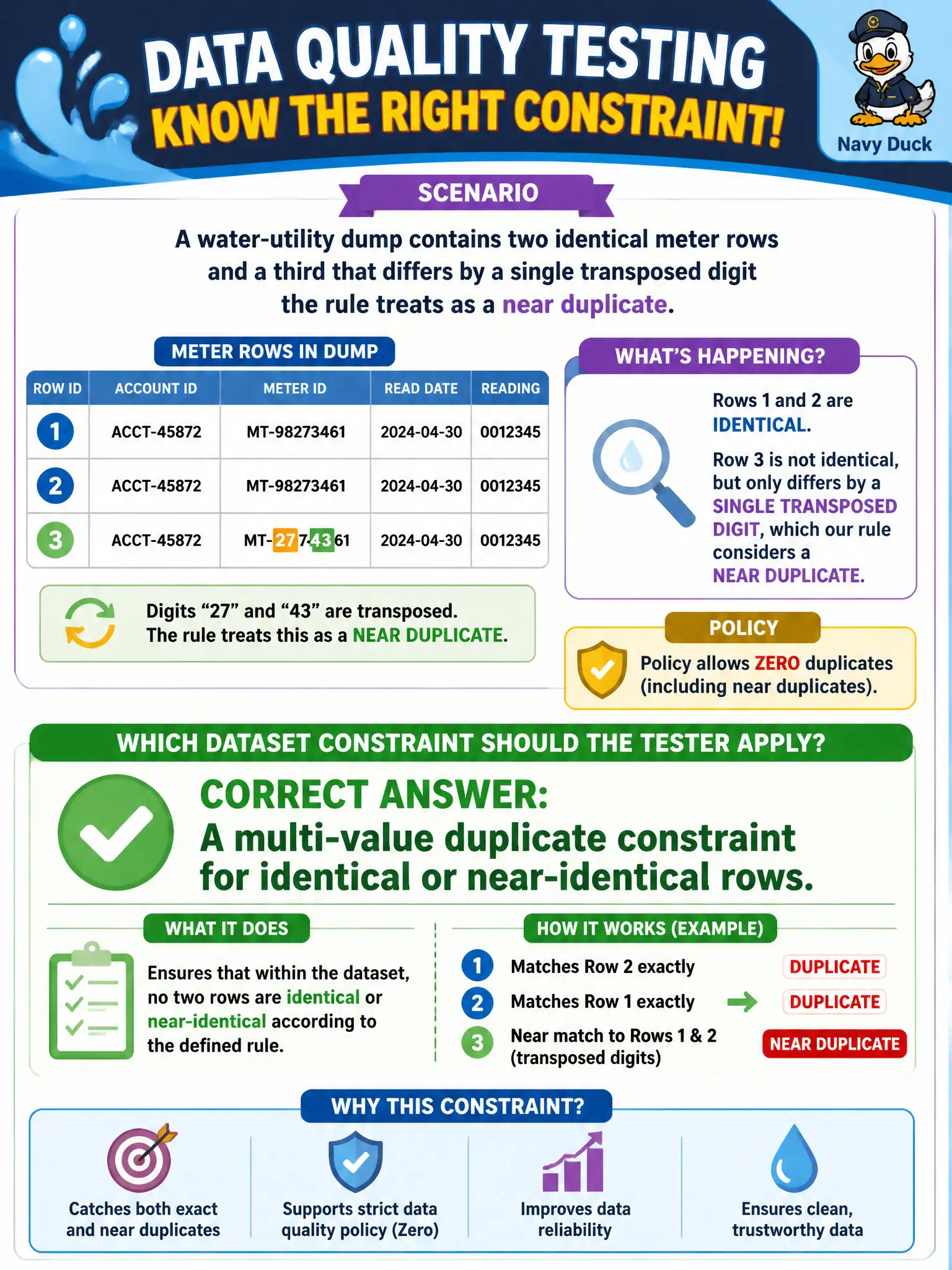 To Create an exciting colorful infographic that explains the concepts in the question: Question: A water-utility dump contains two identical meter rows and a third that differs by a single transposed digit the rule treats as a near duplicate. Policy allows zero. Which dataset constraint should the tester apply? Correct Answer: A multi-value duplicate constraint for identical or near-identical rows. Put EVERY visible label in double quotes. No people. No A/B/C/D letters. In one of the four corners put a little "Navy Duck".
