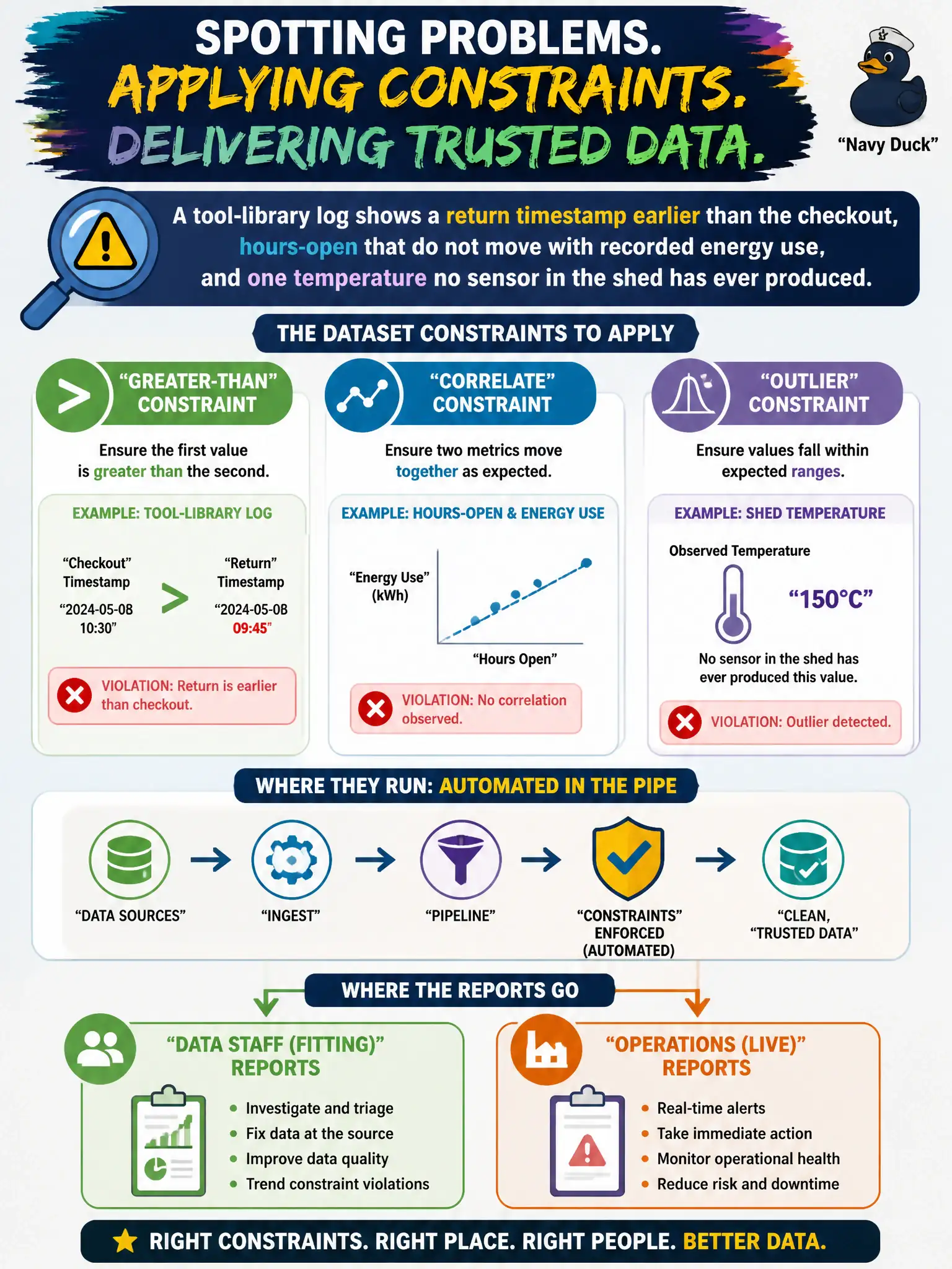 To Create an exciting colorful infographic that explains the concepts in the question: Question: A tool-library log shows a return timestamp earlier than the checkout, hours-open that do not move with recorded energy use, and one temperature no sensor in the shed has ever produced. Which dataset constraints should the tester apply, and where do they run? Correct Answer: Greater-than, correlate, and outlier constraints, automated in the pipe, with reports to data staff (fitting) or operations (live). Put EVERY visible label in double quotes. No people. No A/B/C/D letters. In one of the four corners put a little "Navy Duck".
