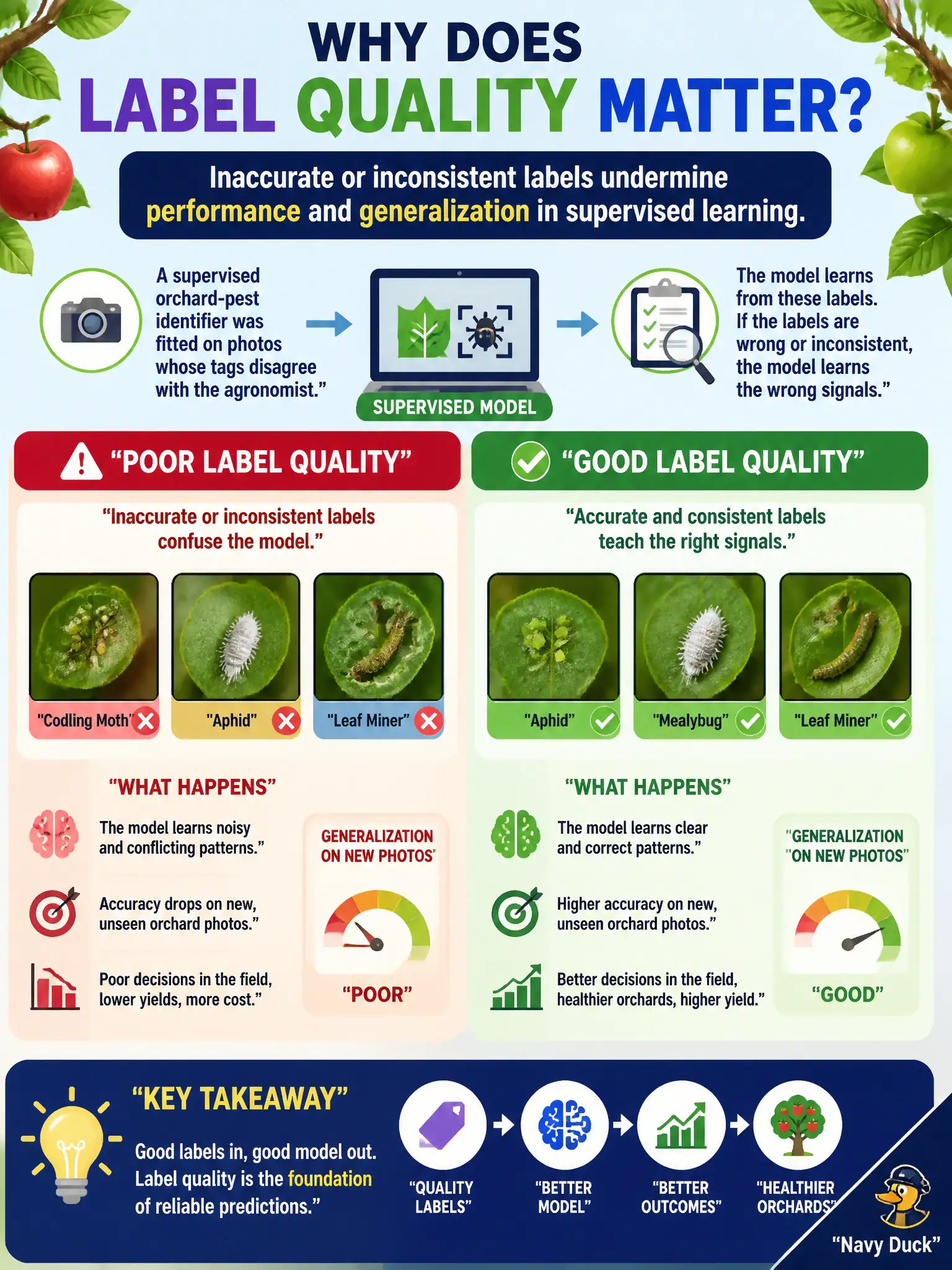 To Create an exciting colorful infographic that explains the concepts in the question: Question: A supervised orchard-pest identifier was fitted on photos whose tags disagree with the agronomist. Why does label quality matter? Correct Answer: Inaccurate or inconsistent labels undermine performance and generalization in supervised learning. Put EVERY visible label in double quotes. No people. No A/B/C/D letters. In one of the four corners put a little "Navy Duck".