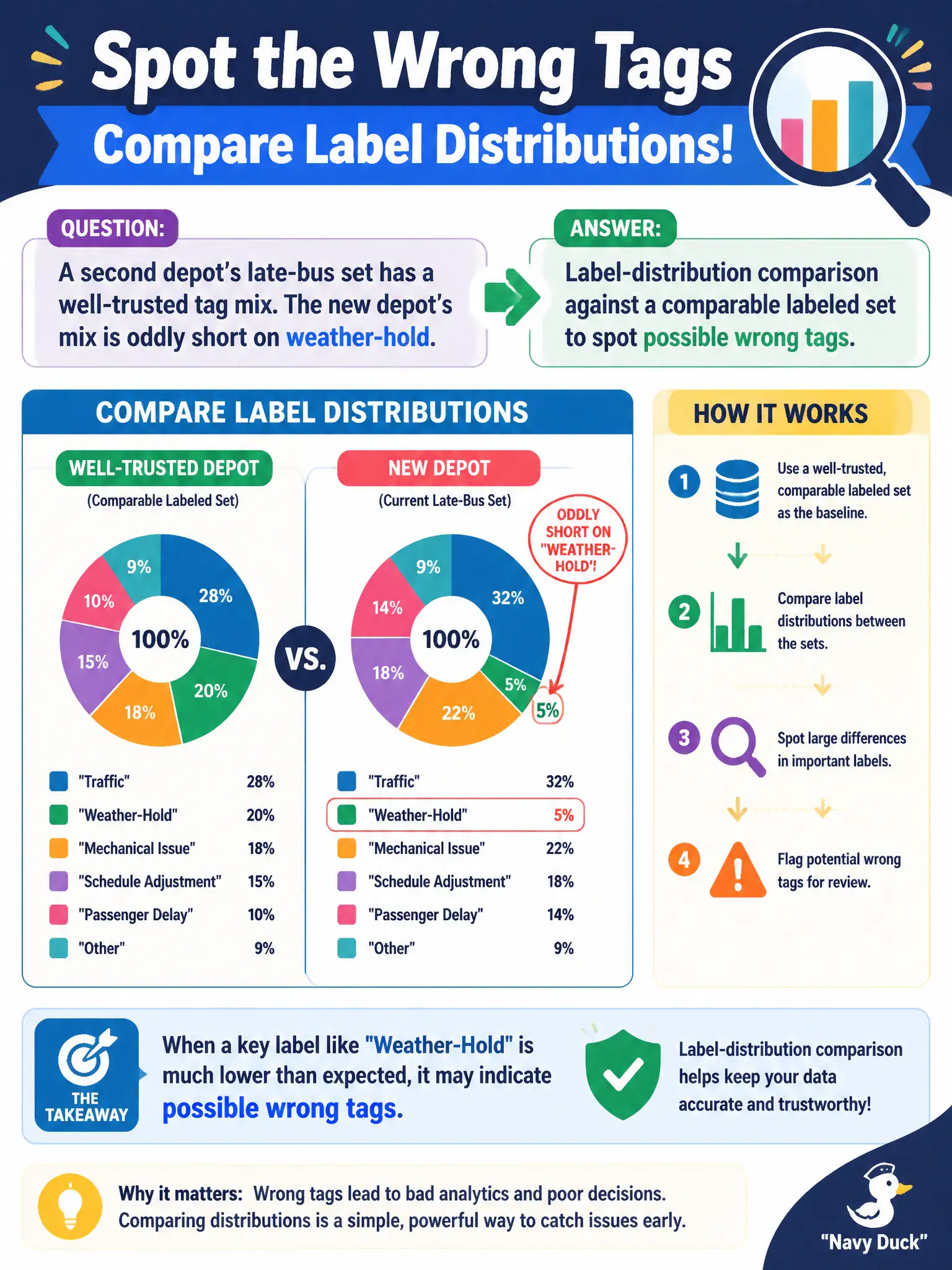 To Create an exciting colorful infographic that explains the concepts in the question: Question: A second depot’s late-bus set has a well-trusted tag mix. The new depot’s mix is oddly short on weather-hold. Which label-correctness approach flags that? Correct Answer: Label-distribution comparison against a comparable labeled set to spot possible wrong tags. Put EVERY visible label in double quotes. No people. No A/B/C/D letters. In one of the four corners put a little "Navy Duck".