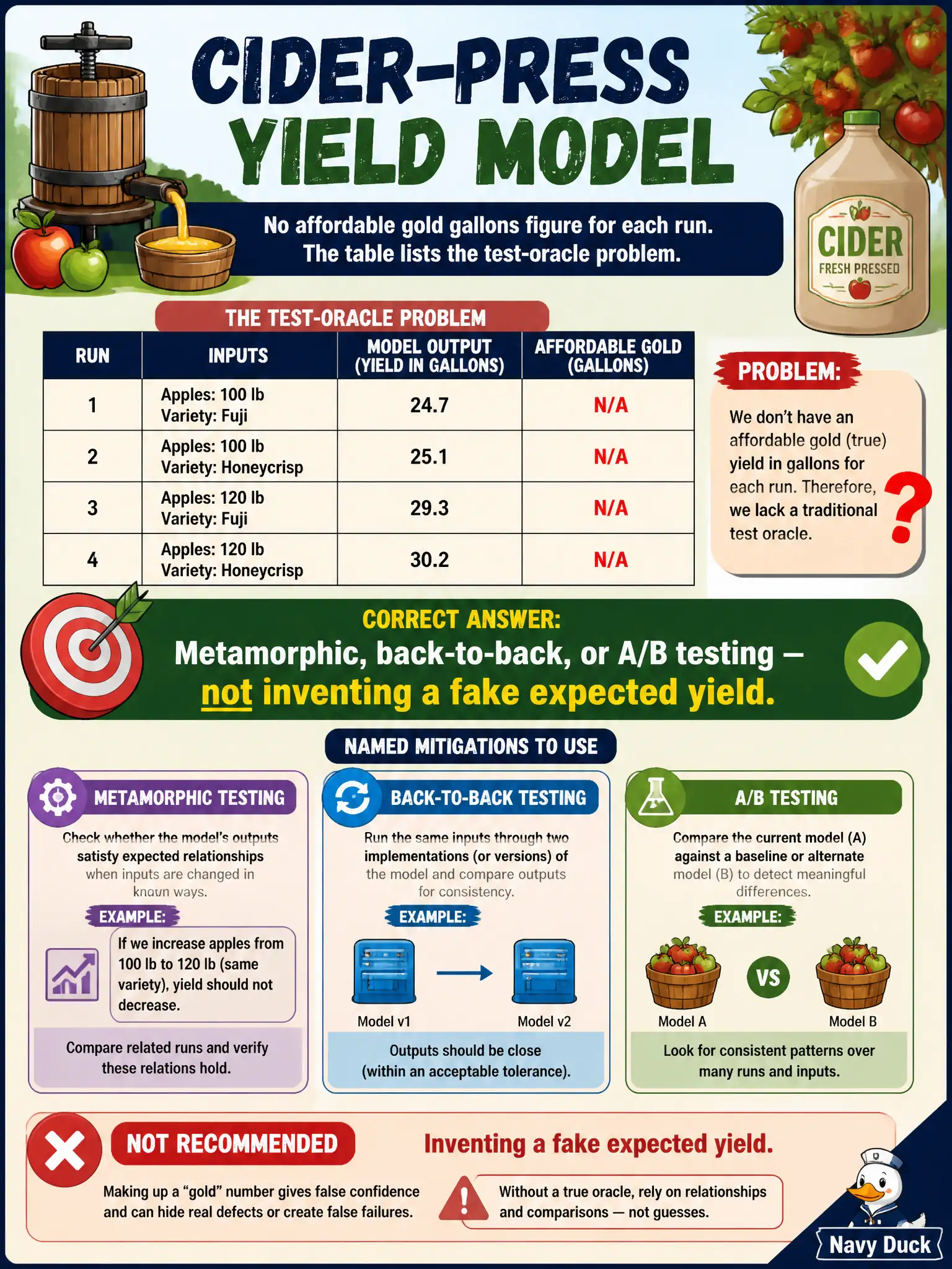 To Create an exciting colorful infographic that explains the concepts in the question: Question: A cider-press yield model has no affordable gold gallons figure for each run. The table lists the test-oracle problem. Which named mitigations should the tester pick? Correct Answer: Metamorphic, back-to-back, or A/B testing — not inventing a fake expected yield. Put EVERY visible label in double quotes. No people. No A/B/C/D letters. In one of the four corners put a little "Navy Duck".