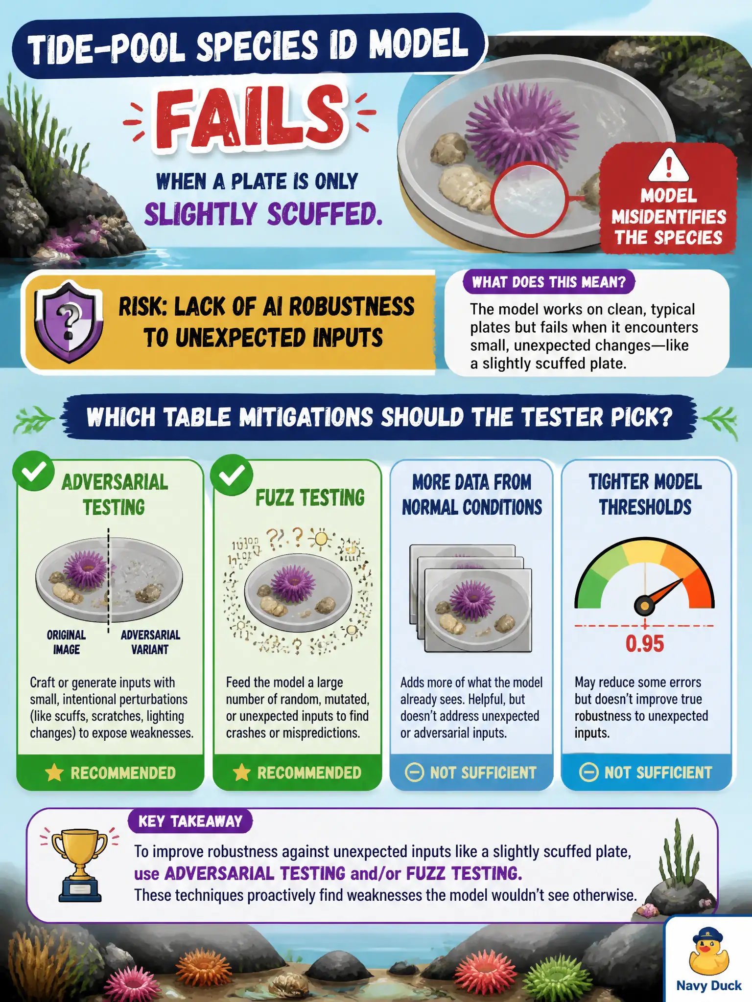 To Create an exciting colorful infographic that explains the concepts in the question: Question: A tide-pool species ID model fails when a plate is only slightly scuffed. The risk is lack of AI robustness to unexpected inputs. Which table mitigations should the tester pick? Correct Answer: Adversarial testing and/or fuzz testing. Put EVERY visible label in double quotes. No people. No A/B/C/D letters. In one of the four corners put a little "Navy Duck".