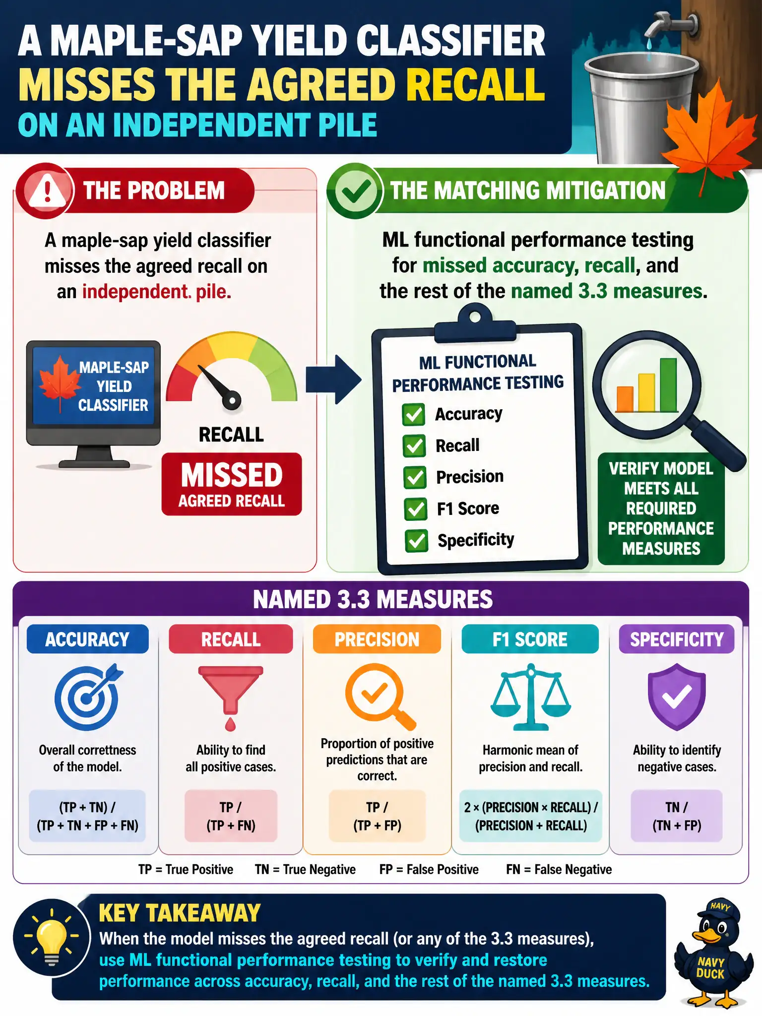 To Create an exciting colorful infographic that explains the concepts in the question: Question: A maple-sap yield classifier misses the agreed recall on an independent pile. Which table mitigation matches failure to achieve required model performance measures? Correct Answer: ML functional performance testing for missed accuracy, recall, and the rest of the named 3.3 measures. Put EVERY visible label in double quotes. No people. No A/B/C/D letters. In one of the four corners put a little "Navy Duck".