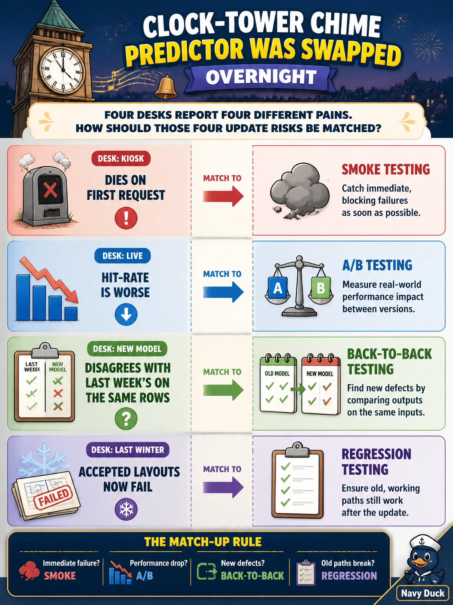 To Create an exciting colorful infographic that explains the concepts in the question: Question: A clock-tower chime predictor was swapped overnight. Four desks report four different pains: the kiosk dies on first request; the live hit-rate is worse; the new model disagrees with last week’s on the same rows; last winter’s accepted layouts now fail. How should those four update risks be matched? Correct Answer: Smoke for the immediate failure, A/B for the performance drop, back-to-back for new defects, and regression testing for old paths that break. Put EVERY visible label in double quotes. No people. No A/B/C/D letters. In one of the four corners put a little "Navy Duck".