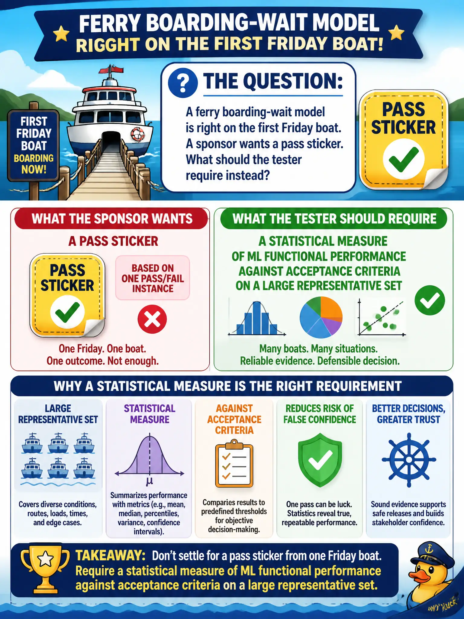 To Create an exciting colorful infographic that explains the concepts in the question: Question: A ferry boarding-wait model is right on the first Friday boat. A sponsor wants a pass sticker. What should the tester require instead? Correct Answer: A statistical measure of ML functional performance against acceptance criteria on a large representative set — not one pass/fail instance. Put EVERY visible label in double quotes. No people. No A/B/C/D letters. In one of the four corners put a little "Navy Duck".