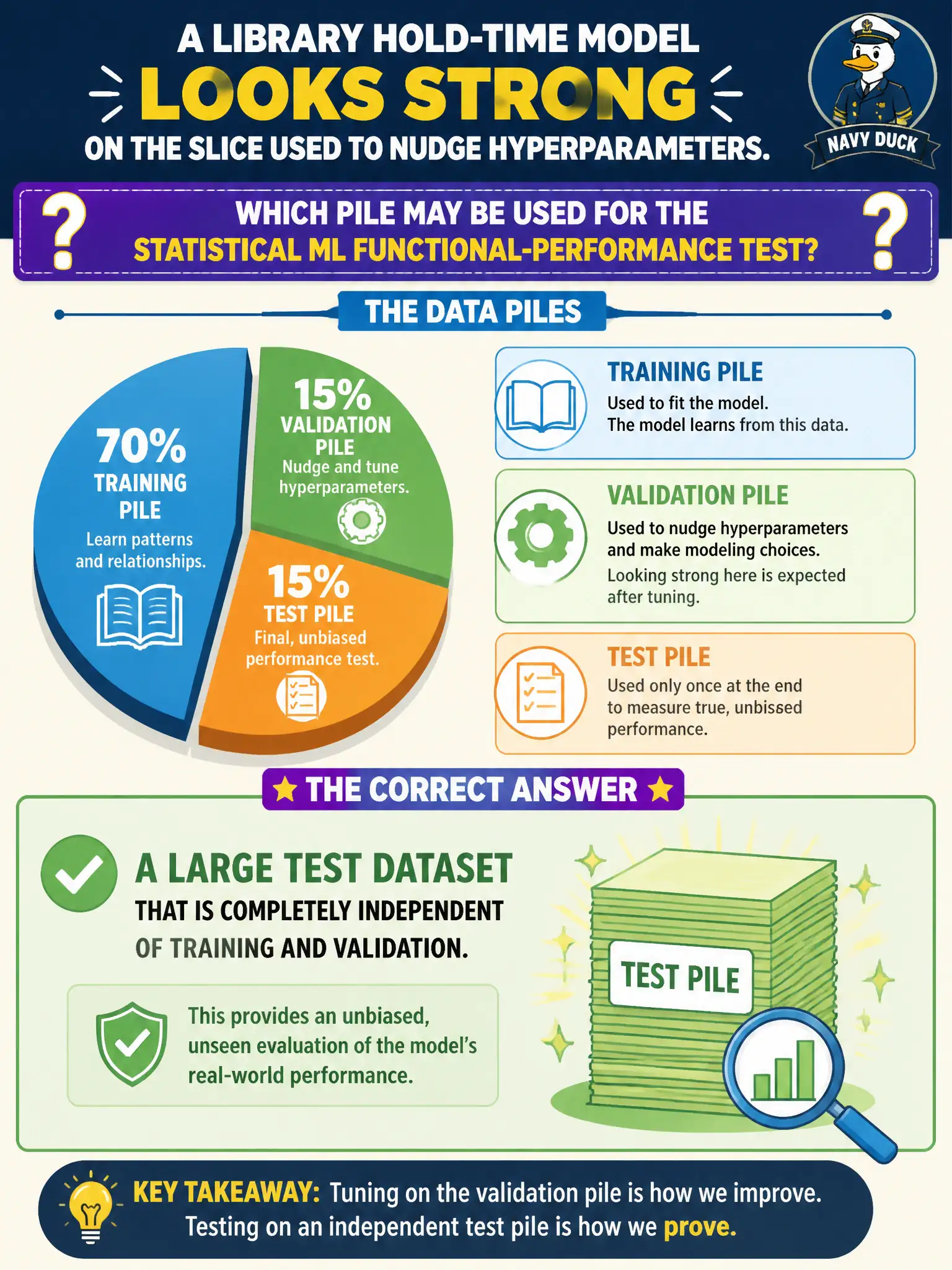 To Create an exciting colorful infographic that explains the concepts in the question: Question: A library hold-time model looks strong on the slice used to nudge hyperparameters. Which pile may be used for the statistical ML functional-performance test? Correct Answer: A large test dataset that is completely independent of training and validation. Put EVERY visible label in double quotes. No people. No A/B/C/D letters. In one of the four corners put a little "Navy Duck".