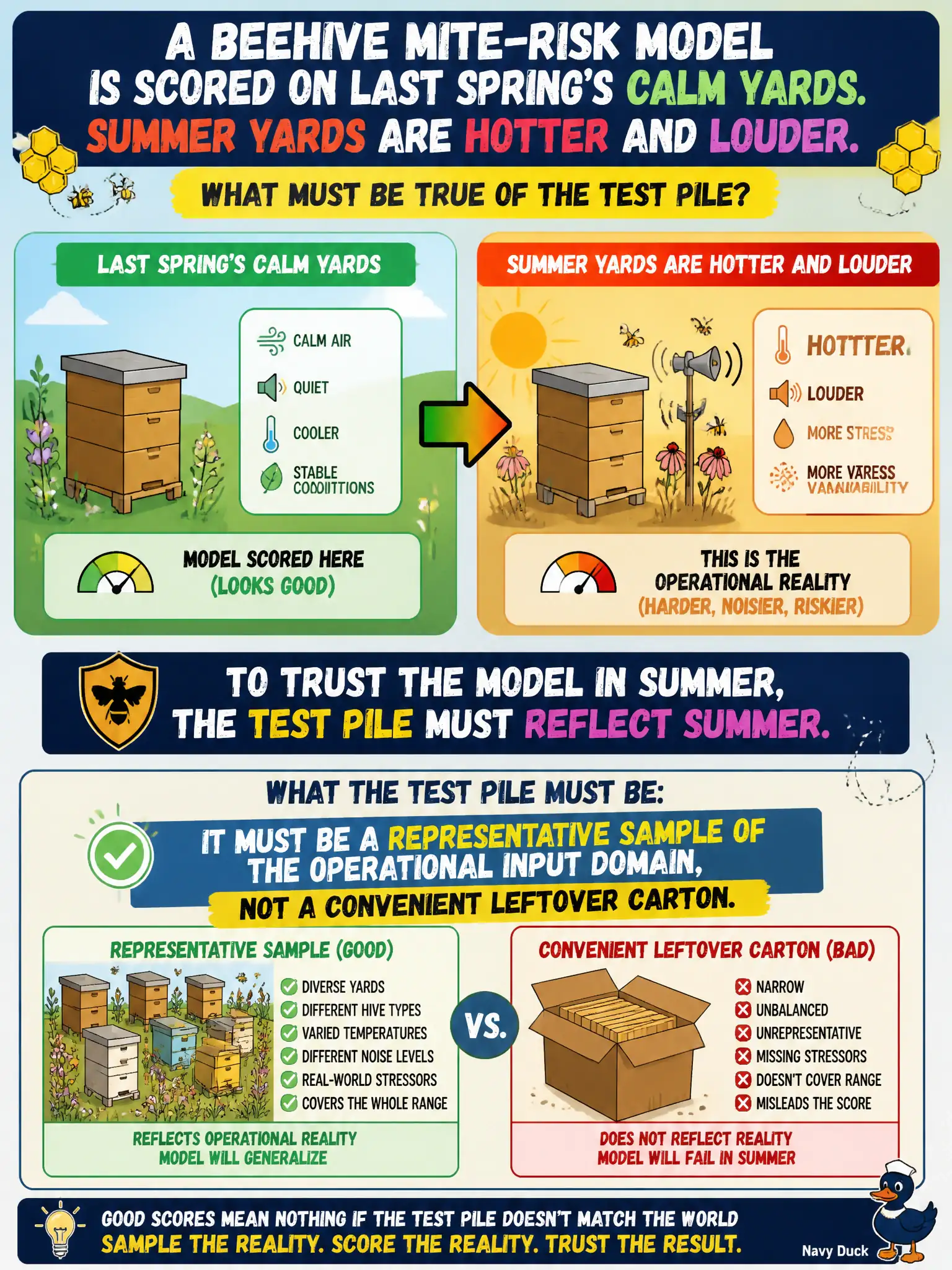 To Create an exciting colorful infographic that explains the concepts in the question: Question: A beehive mite-risk model is scored on last spring’s calm yards. Summer yards are hotter and louder. What must be true of the test pile? Correct Answer: It must be a representative sample of the operational input domain, not a convenient leftover carton. Put EVERY visible label in double quotes. No people. No A/B/C/D letters. In one of the four corners put a little "Navy Duck".