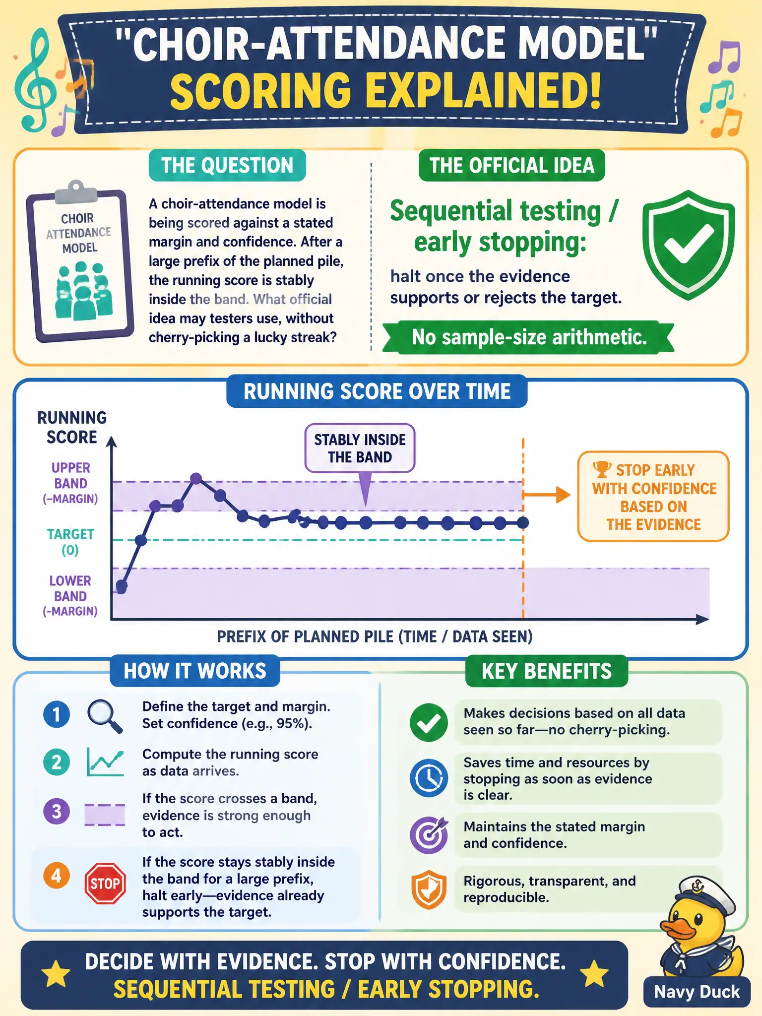 To Create an exciting colorful infographic that explains the concepts in the question: Question: A choir-attendance model is being scored against a stated margin and confidence. After a large prefix of the planned pile, the running score is stably inside the band. What official idea may testers use, without cherry-picking a lucky streak? Correct Answer: Sequential testing / early stopping: halt once the evidence supports or rejects the target. No sample-size arithmetic. Put EVERY visible label in double quotes. No people. No A/B/C/D letters. In one of the four corners put a little "Navy Duck".