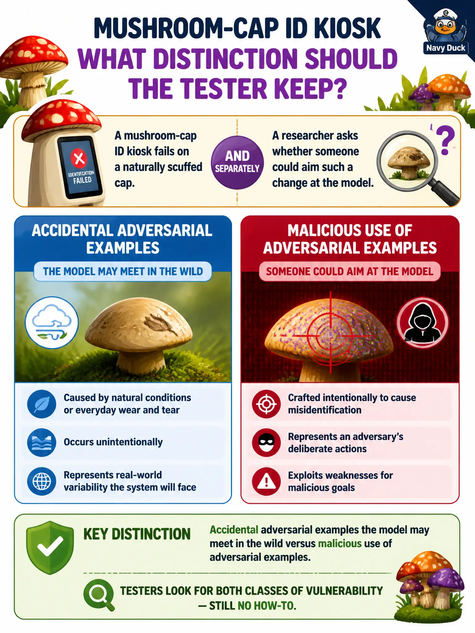 To Create an exciting colorful infographic that explains the concepts in the question: Question: A mushroom-cap ID kiosk fails on a naturally scuffed cap and, separately, a researcher asks whether someone could aim such a change at the model. What distinction should the tester keep? Correct Answer: Accidental adversarial examples the model may meet in the wild versus malicious use of adversarial examples. Testers look for both classes of vulnerability — still no how-to. Put EVERY visible label in double quotes. No people. No A/B/C/D letters. In one of the four corners put a little "Navy Duck".