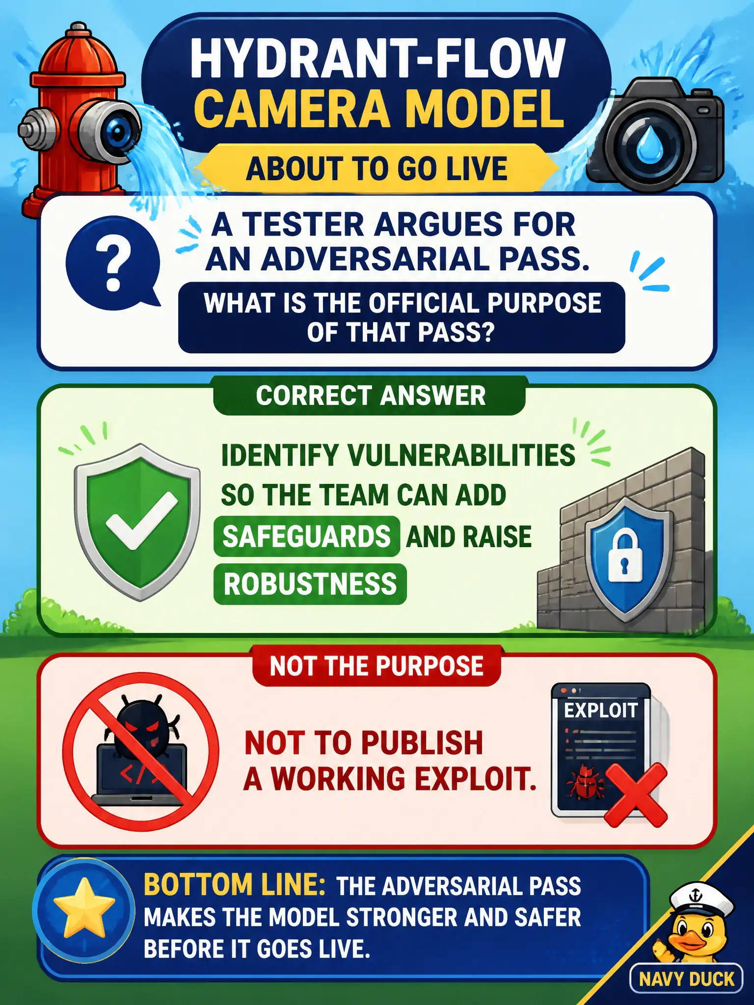 To Create an exciting colorful infographic that explains the concepts in the question: Question: A hydrant-flow camera model is about to go live. A tester argues for an adversarial pass. What is the official purpose of that pass? Correct Answer: Identify vulnerabilities so the team can add safeguards and raise robustness — not to publish a working exploit. Put EVERY visible label in double quotes. No people. No A/B/C/D letters. In one of the four corners put a little "Navy Duck".