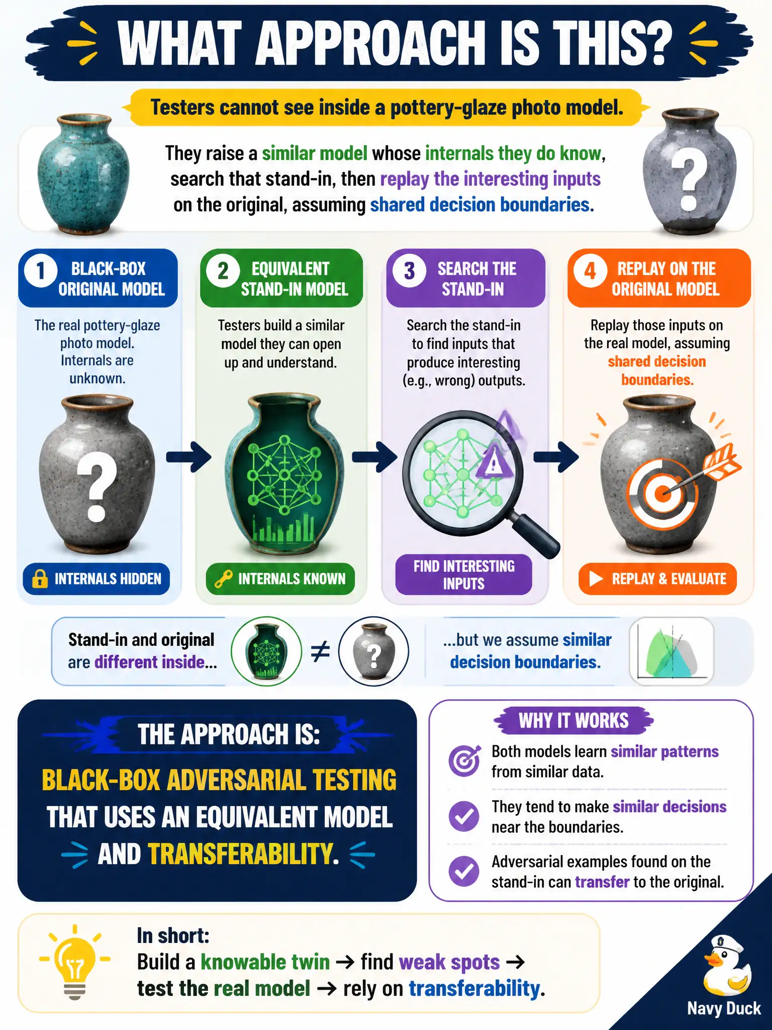 To Create an exciting colorful infographic that explains the concepts in the question: Question: Testers cannot see inside a pottery-glaze photo model. They raise a similar model whose internals they do know, search that stand-in, then replay the interesting inputs on the original, assuming shared decision boundaries. What approach is that? Correct Answer: Black-box adversarial testing that uses an equivalent model and transferability. Put EVERY visible label in double quotes. No people. No A/B/C/D letters. In one of the four corners put a little "Navy Duck".