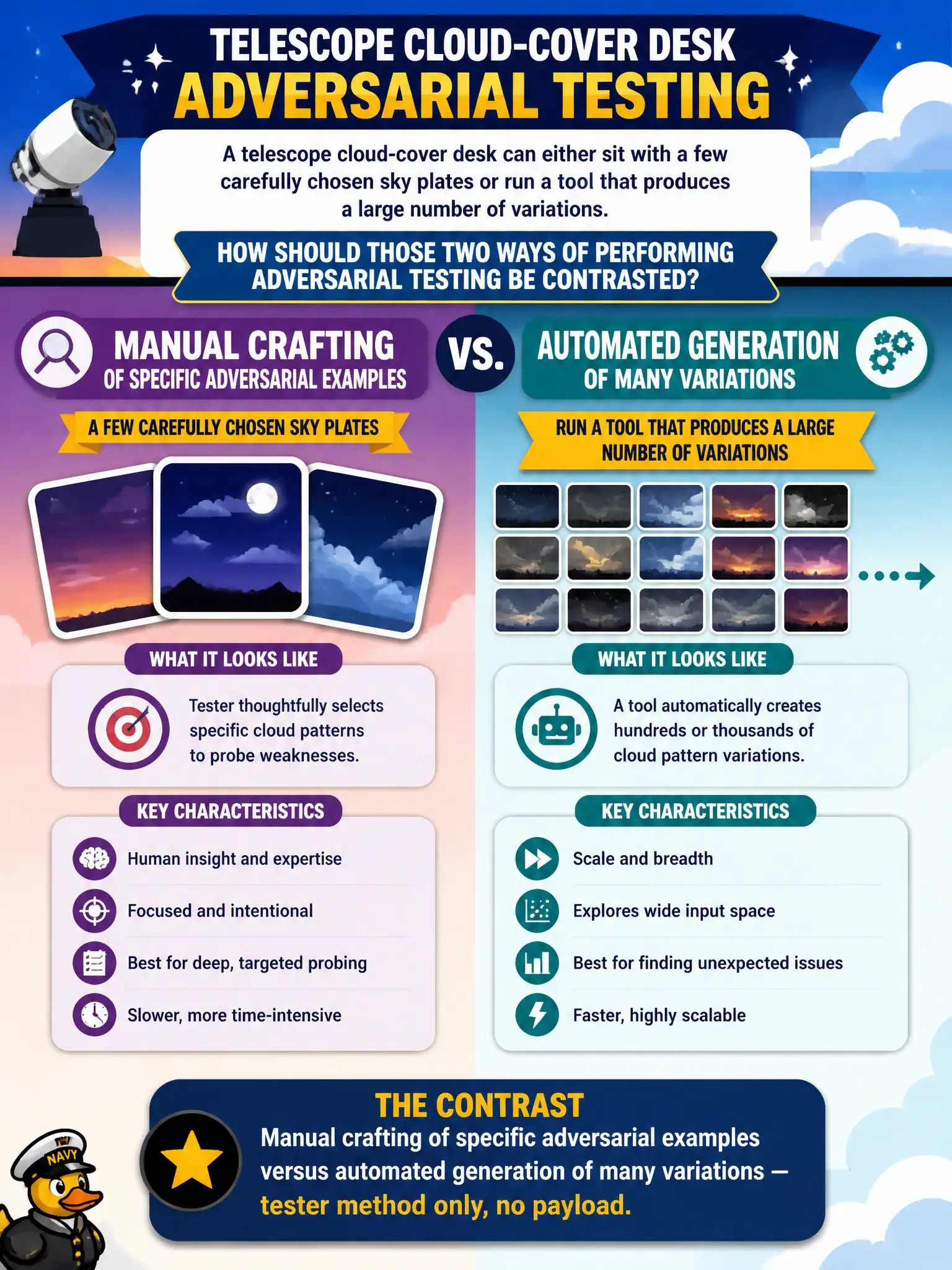 To Create an exciting colorful infographic that explains the concepts in the question: Question: A telescope cloud-cover desk can either sit with a few carefully chosen sky plates or run a tool that produces a large number of variations. How should those two ways of performing adversarial testing be contrasted? Correct Answer: Manual crafting of specific adversarial examples versus automated generation of many variations — tester method only, no payload. Put EVERY visible label in double quotes. No people. No A/B/C/D letters. In one of the four corners put a little "Navy Duck".