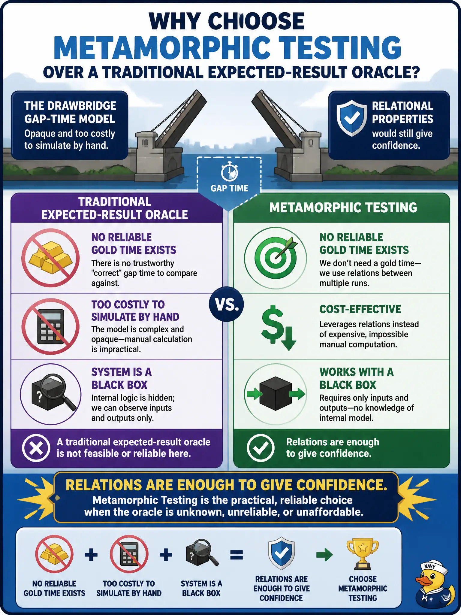 To Create an exciting colorful infographic that explains the concepts in the question: Question: A drawbridge gap-time model is opaque and too costly to simulate by hand. Relational properties would still give confidence. Why should testers choose metamorphic testing rather than a traditional expected-result oracle? Correct Answer: No reliable gold time exists, the system is a black box, and relations are enough to give confidence. Put EVERY visible label in double quotes. No people. No A/B/C/D letters. In one of the four corners put a little "Navy Duck".