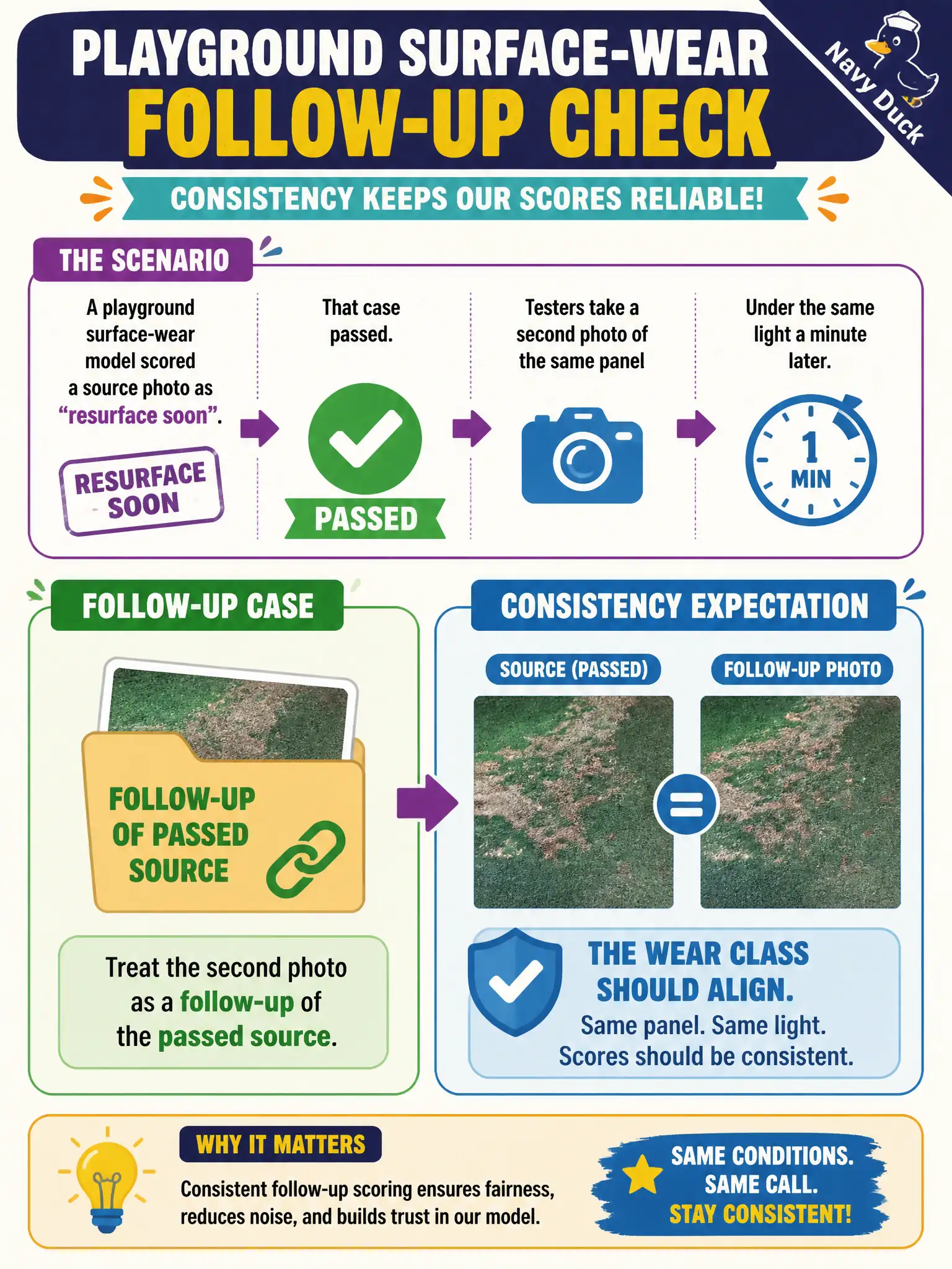 To Create an exciting colorful infographic that explains the concepts in the question: Question: A playground surface-wear model scored a source photo as “resurface soon,” and that case passed. Testers take a second photo of the same panel under the same light a minute later. What follow-up case and consistency expectation should they derive? Correct Answer: Treat the second photo as a follow-up of the passed source. The wear class should align. Put EVERY visible label in double quotes. No people. No A/B/C/D letters. In one of the four corners put a little "Navy Duck".