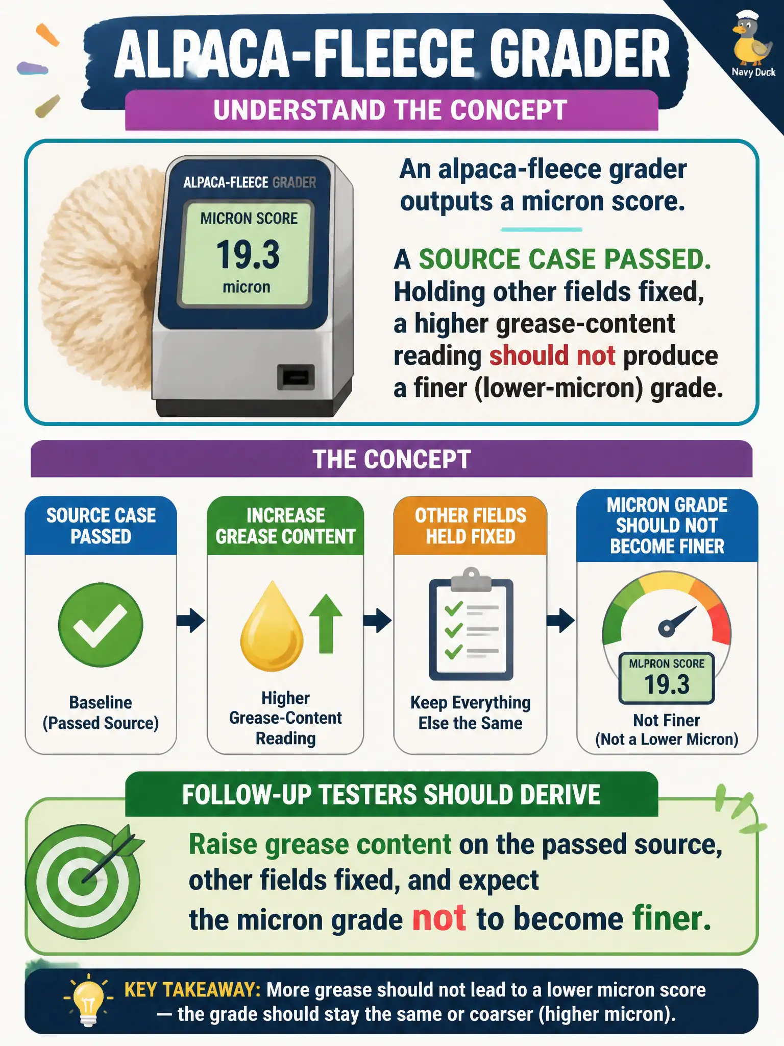 To Create an exciting colorful infographic that explains the concepts in the question: Question: An alpaca-fleece grader outputs a micron score. A source case passed. Holding other fields fixed, a higher grease-content reading should not produce a finer (lower-micron) grade. What follow-up should testers derive? Correct Answer: Raise grease content on the passed source, other fields fixed, and expect the micron grade not to become finer. Put EVERY visible label in double quotes. No people. No A/B/C/D letters. In one of the four corners put a little "Navy Duck".