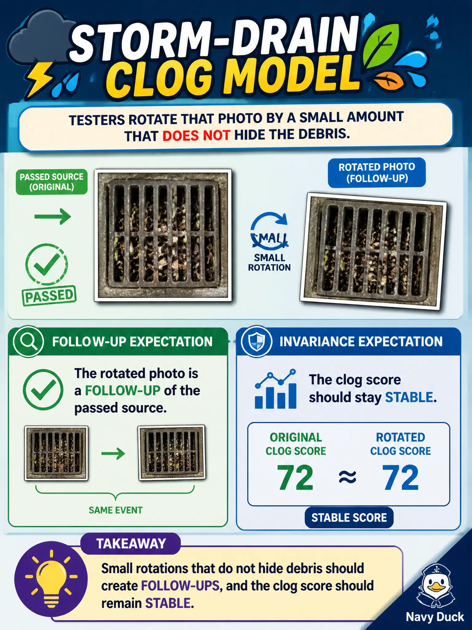 To Create an exciting colorful infographic that explains the concepts in the question: Question: A storm-drain clog model passed on a grate photo. Testers rotate that photo by a small amount that does not hide the debris. What follow-up and invariance expectation should they derive? Correct Answer: The rotated photo is a follow-up of the passed source. The clog score should stay stable. Put EVERY visible label in double quotes. No people. No A/B/C/D letters. In one of the four corners put a little "Navy Duck".