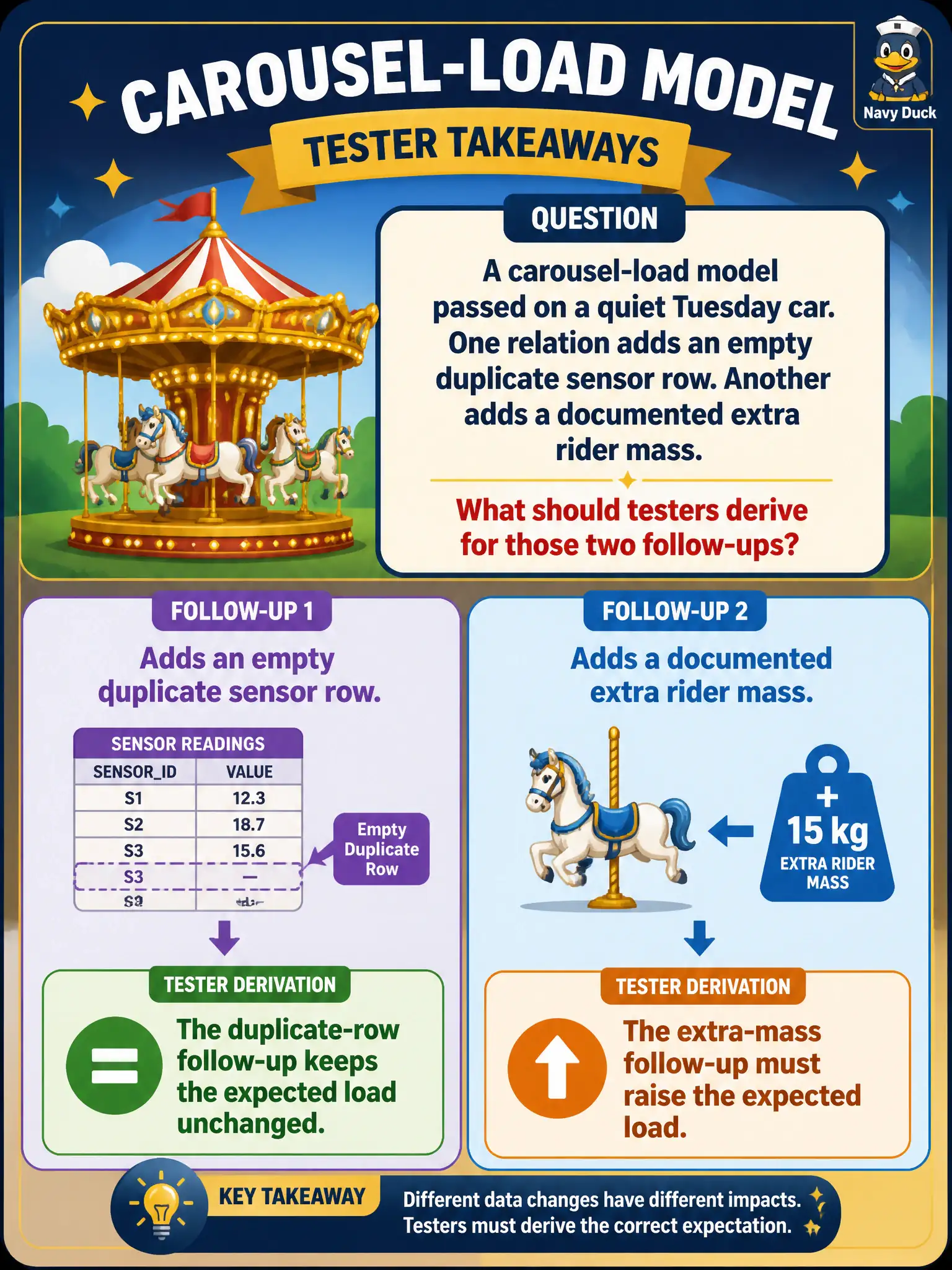 To Create an exciting colorful infographic that explains the concepts in the question: Question: A carousel-load model passed on a quiet Tuesday car. One relation adds an empty duplicate sensor row. Another adds a documented extra rider mass. What should testers derive for those two follow-ups? Correct Answer: The duplicate-row follow-up keeps the expected load unchanged. The extra-mass follow-up must raise the expected load. Put EVERY visible label in double quotes. No people. No A/B/C/D letters. In one of the four corners put a little "Navy Duck".