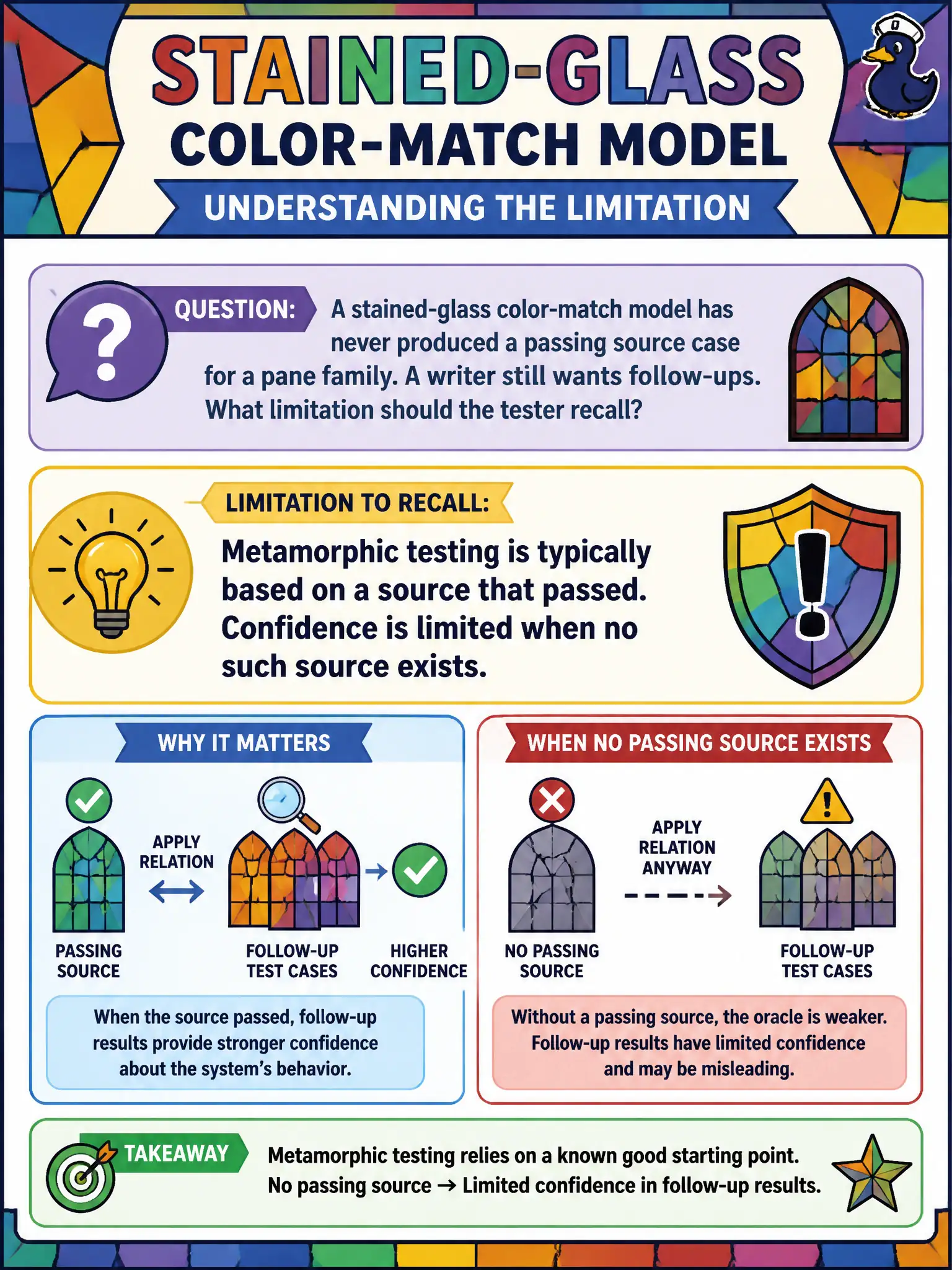 To Create an exciting colorful infographic that explains the concepts in the question: Question: A stained-glass color-match model has never produced a passing source case for a pane family. A writer still wants follow-ups. What limitation should the tester recall? Correct Answer: Metamorphic testing is typically based on a source that passed. Confidence is limited when no such source exists. Put EVERY visible label in double quotes. No people. No A/B/C/D letters. In one of the four corners put a little "Navy Duck".