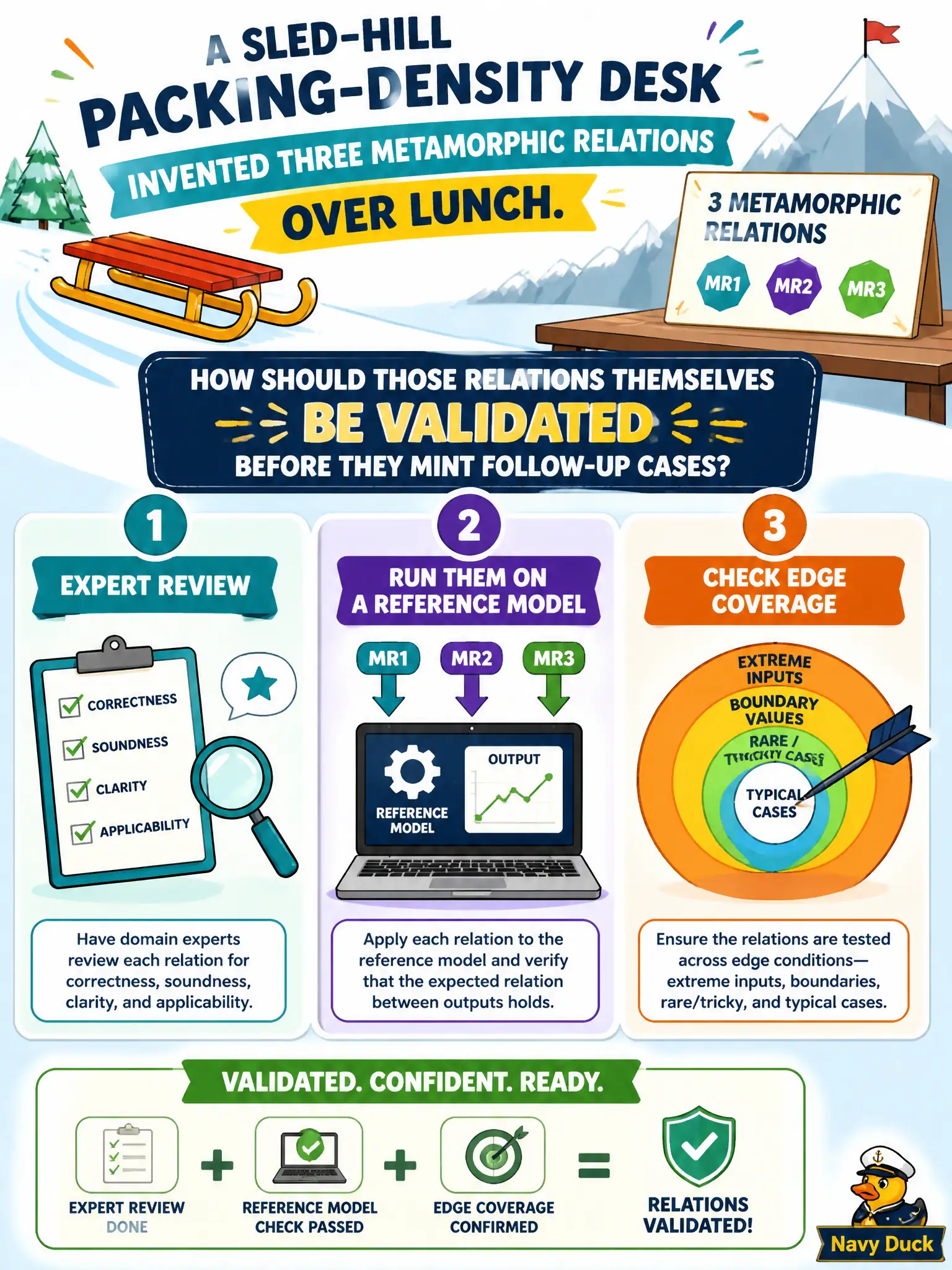 To Create an exciting colorful infographic that explains the concepts in the question: Question: A sled-hill packing-density desk invented three metamorphic relations over lunch. How should those relations themselves be validated before they mint follow-up cases? Correct Answer: Expert review, running them on a reference model, and checking edge coverage. Put EVERY visible label in double quotes. No people. No A/B/C/D letters. In one of the four corners put a little "Navy Duck".