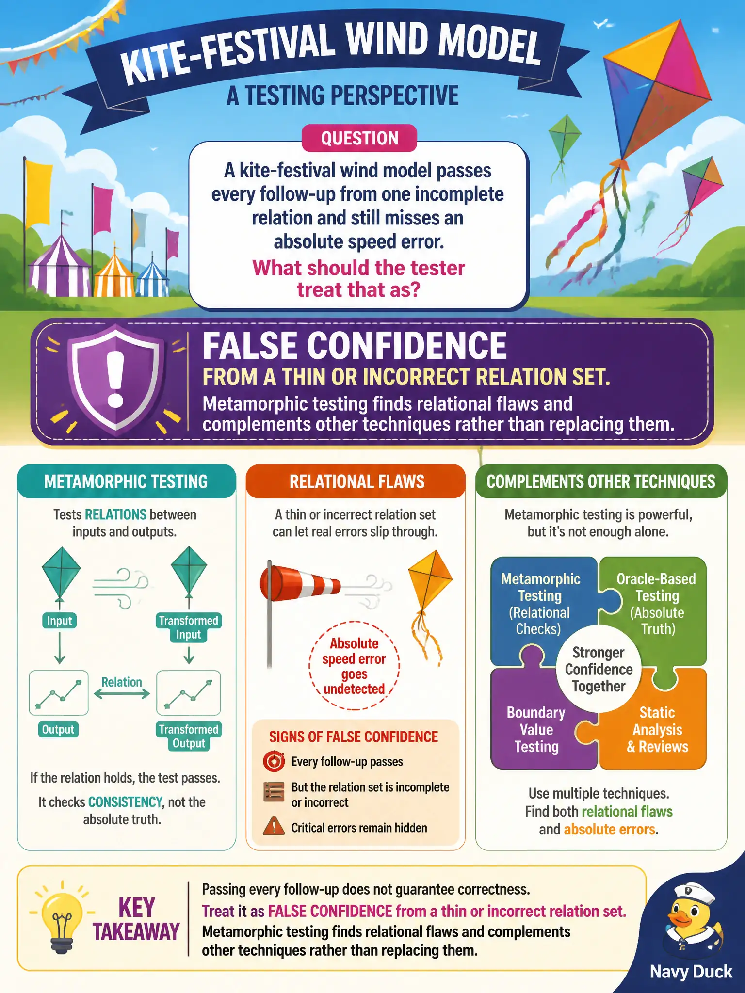 To Create an exciting colorful infographic that explains the concepts in the question: Question: A kite-festival wind model passes every follow-up from one incomplete relation and still misses an absolute speed error. What should the tester treat that as? Correct Answer: False confidence from a thin or incorrect relation set. Metamorphic testing finds relational flaws and complements other techniques rather than replacing them. Put EVERY visible label in double quotes. No people. No A/B/C/D letters. In one of the four corners put a little "Navy Duck".
