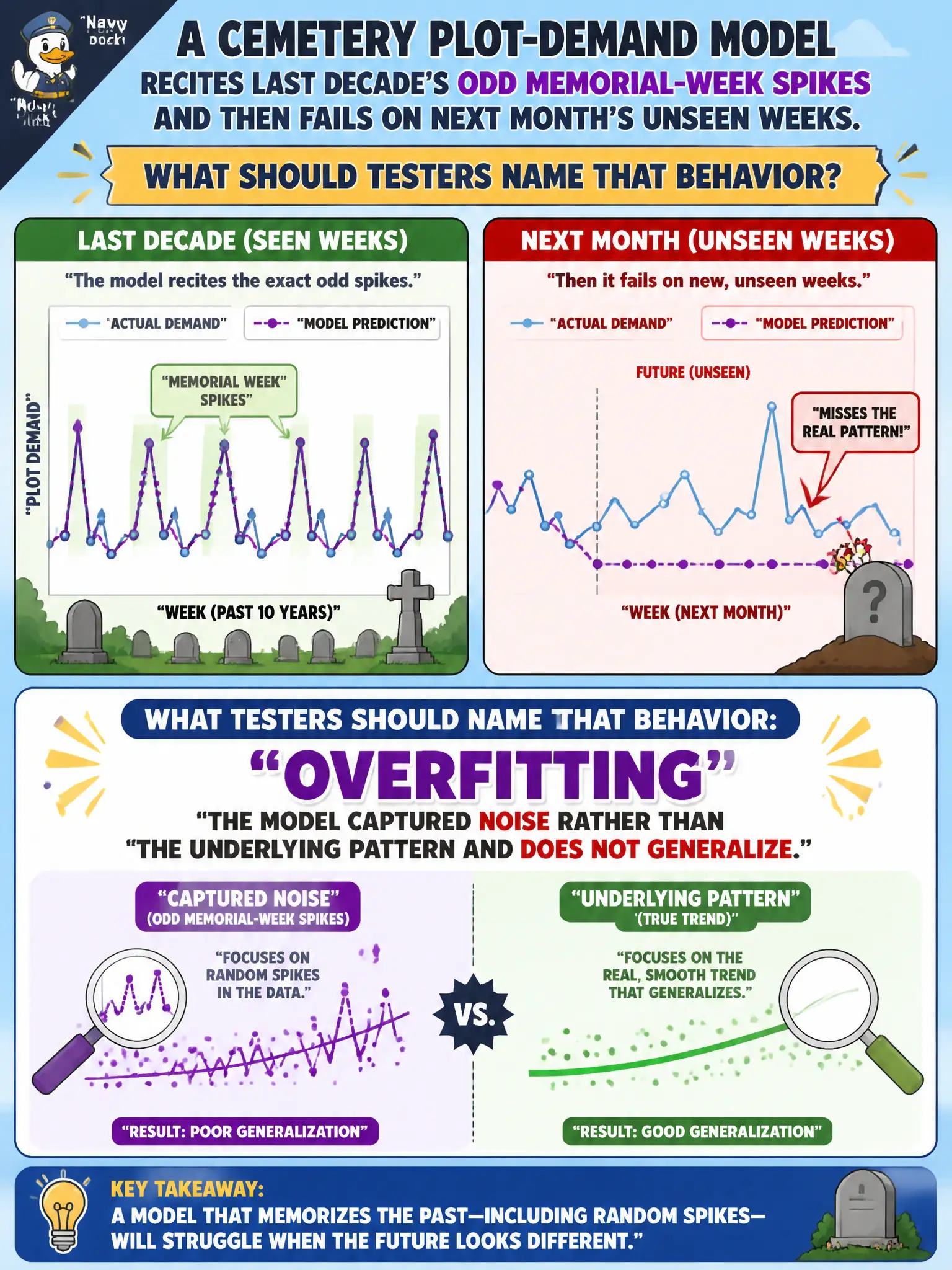 To Create an exciting colorful infographic that explains the concepts in the question: Question: A cemetery plot-demand model recites last decade’s odd memorial-week spikes and then fails on next month’s unseen weeks. What should testers name that behavior? Correct Answer: Overfitting: the model captured noise rather than the underlying pattern and does not generalize. Put EVERY visible label in double quotes. No people. No A/B/C/D letters. In one of the four corners put a little "Navy Duck".