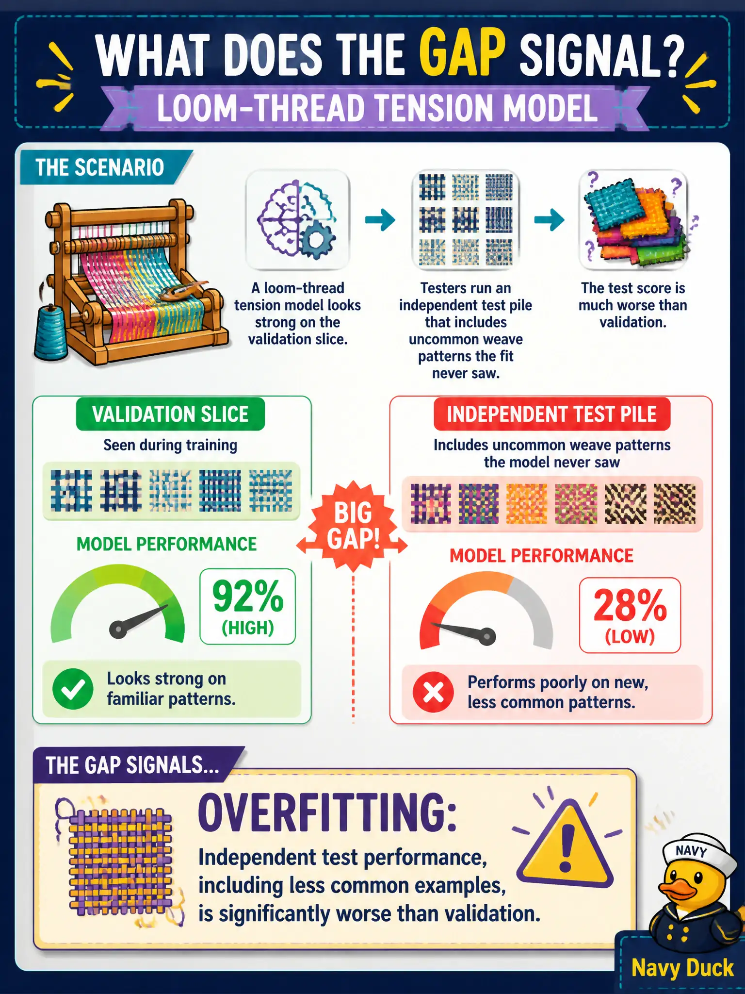To Create an exciting colorful infographic that explains the concepts in the question: Question: A loom-thread tension model looks strong on the validation slice. Testers run an independent test pile that includes uncommon weave patterns the fit never saw. The test score is much worse than validation. What should that gap signal? Correct Answer: Overfitting: independent test performance, including less common examples, is significantly worse than validation. Put EVERY visible label in double quotes. No people. No A/B/C/D letters. In one of the four corners put a little "Navy Duck".