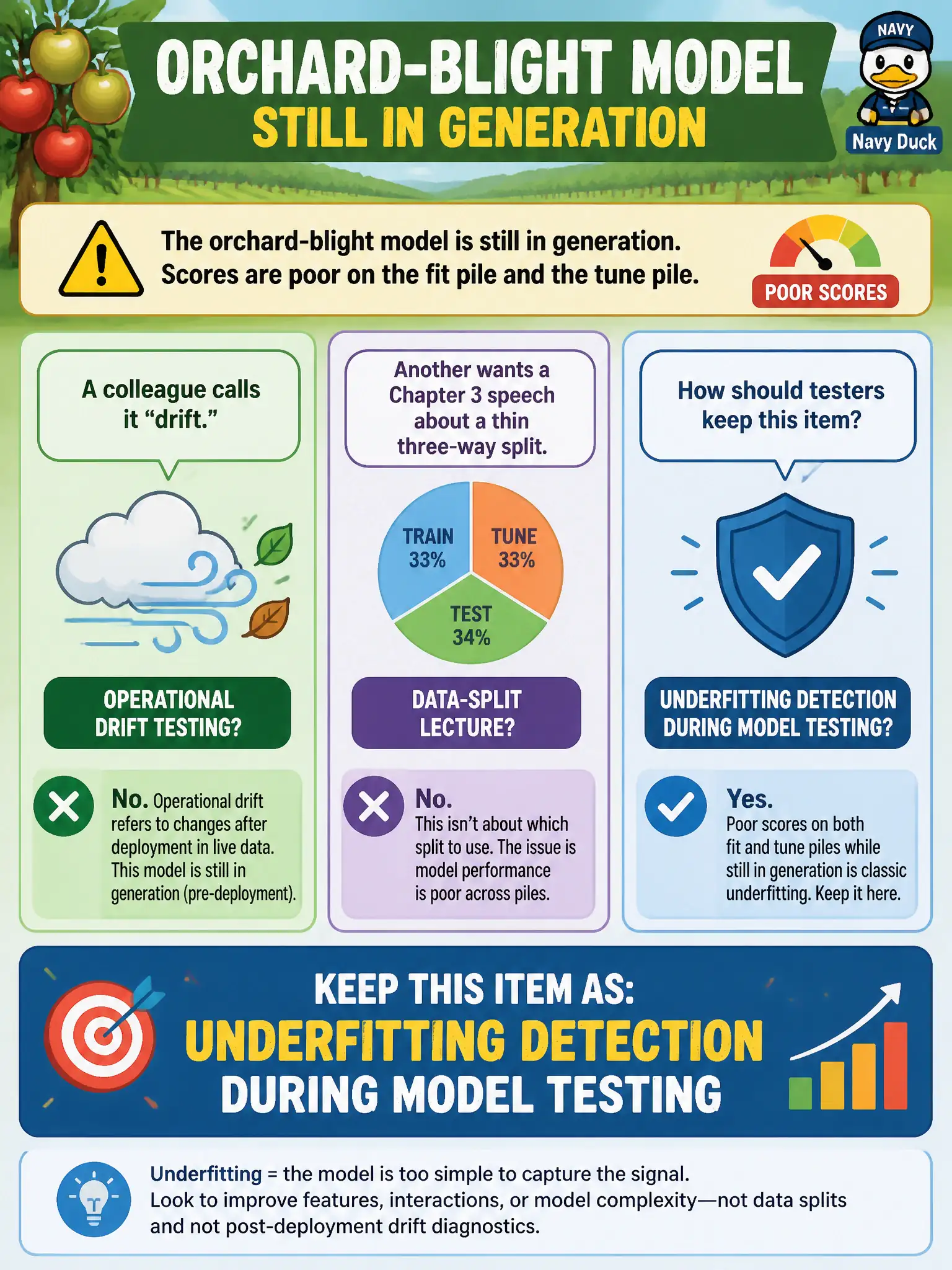 To Create an exciting colorful infographic that explains the concepts in the question: Question: An orchard-blight model is still in generation. Scores are poor on the fit pile and the tune pile. A colleague calls it “drift.” Another wants a Chapter 3 speech about a thin three-way split. How should testers keep this item? Correct Answer: As underfitting detection during model testing, not operational drift testing and not a data-split lecture. Put EVERY visible label in double quotes. No people. No A/B/C/D letters. In one of the four corners put a little "Navy Duck".